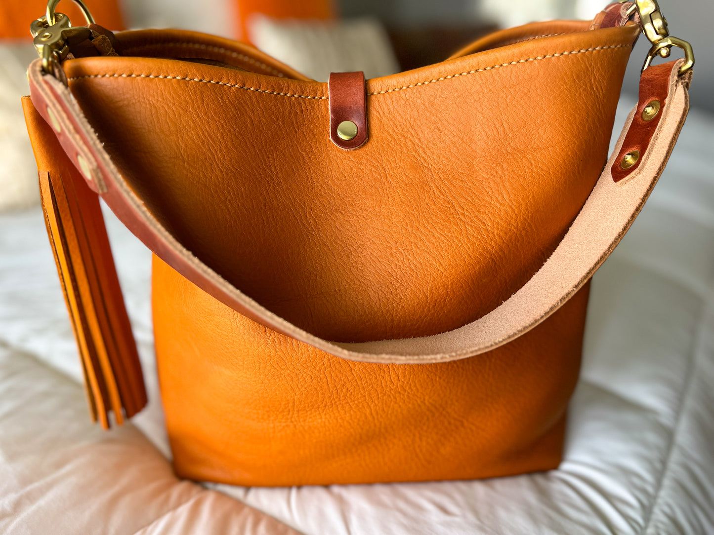 Hobo Bucket in Full Grain London Tan Veg Tan Leather