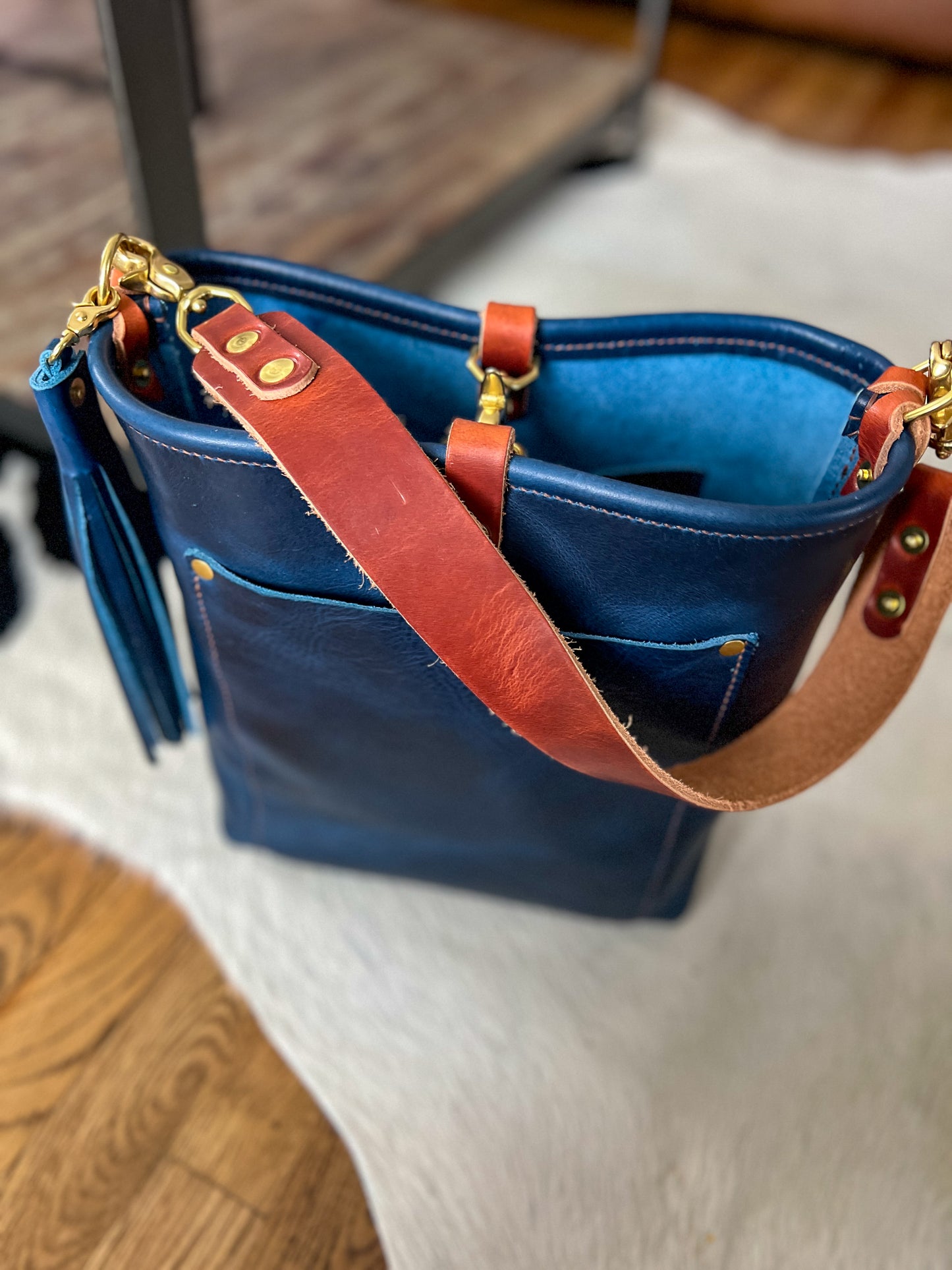 Bennett Bucket in Horween Cobalt Derby Veg Tan Leather