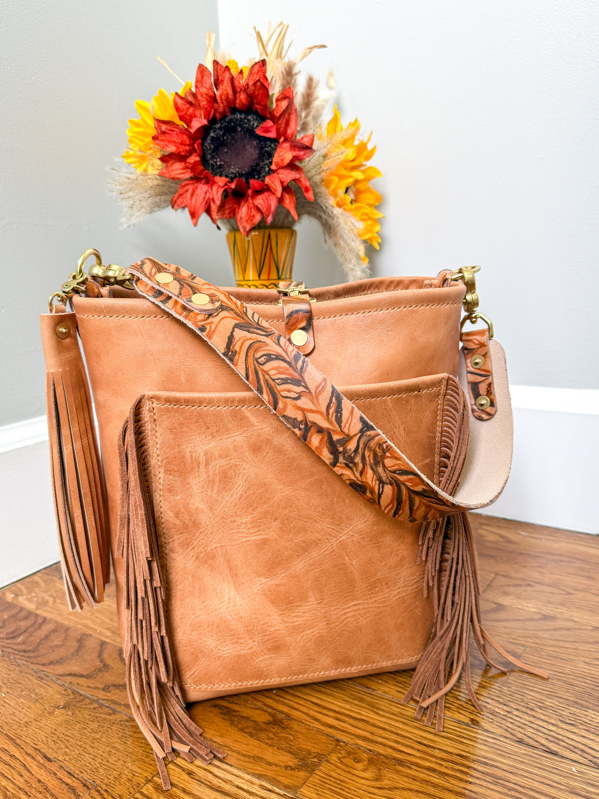 Western Bennett Bucket in Horween Natural Derby w/fringe and Candy Strap