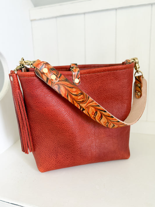 Hobo Bucket in Brick Full Grain Bison w/Candy Strap