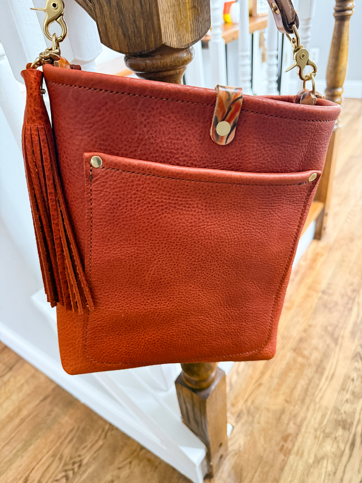 Bennett Bucket in Brick Bison Full Grain Leather w/Candy Strap
