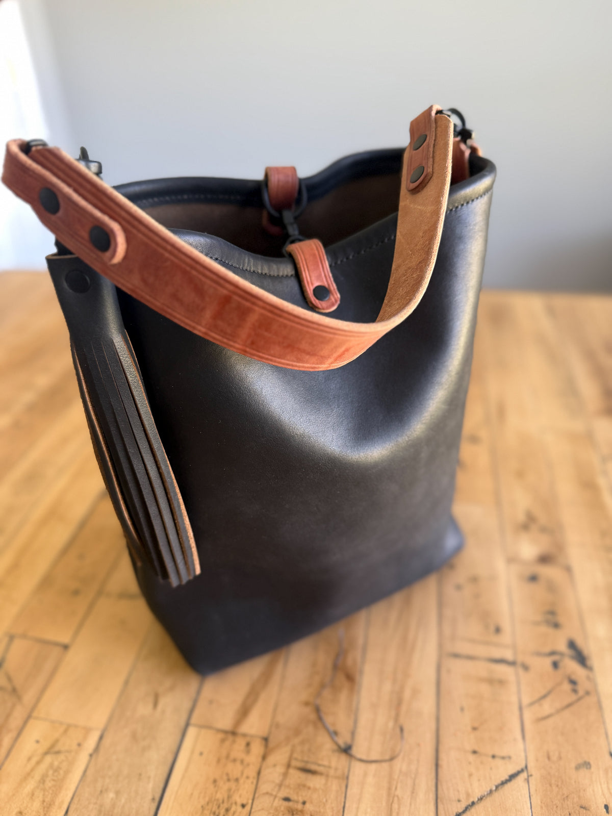 Slim Hobo Bucket in Horween Jet Black Full Grain Leather w/Hermann Oak Strap