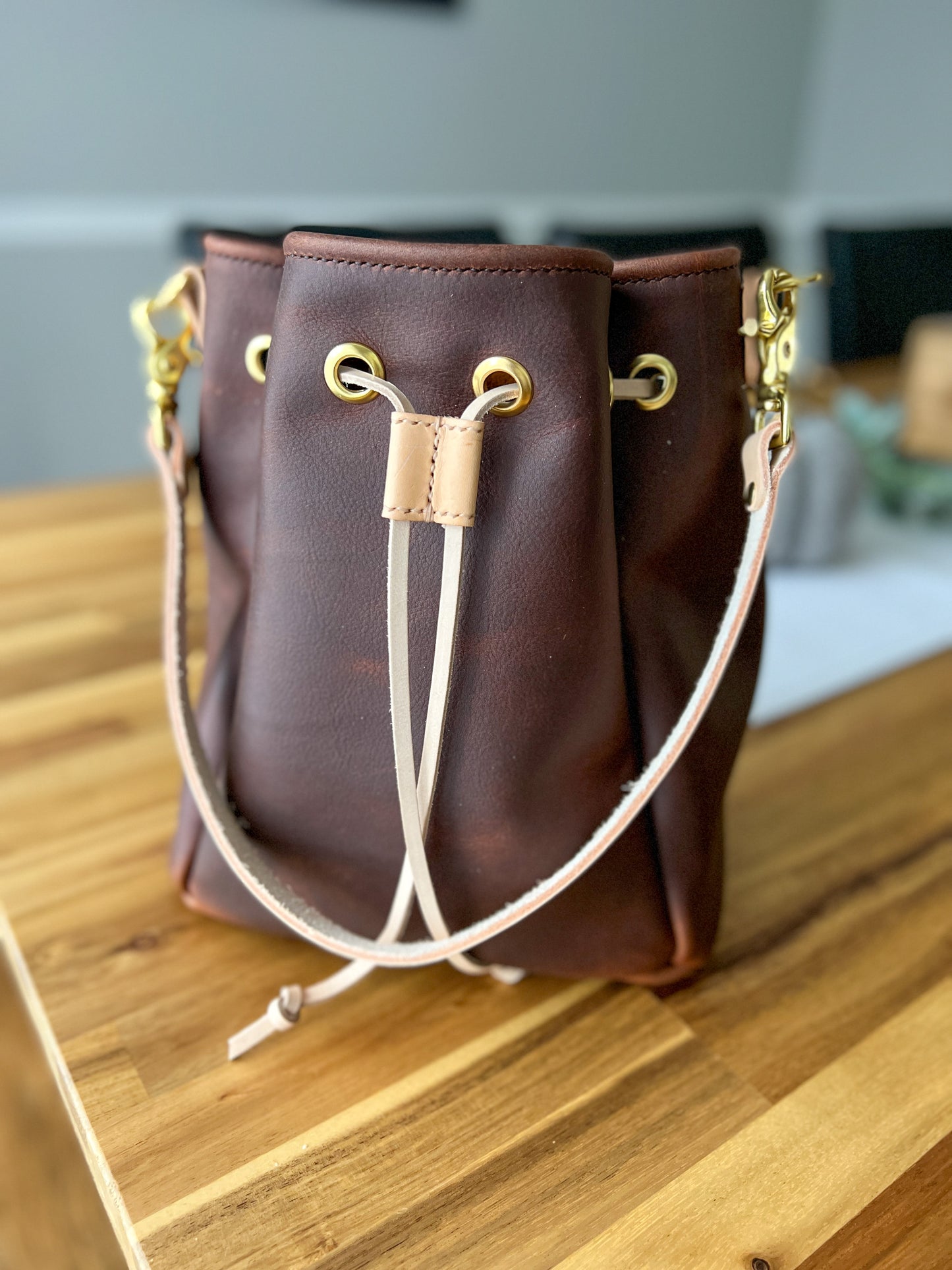 Emery Drawstring Bucket in Tan Kodiak