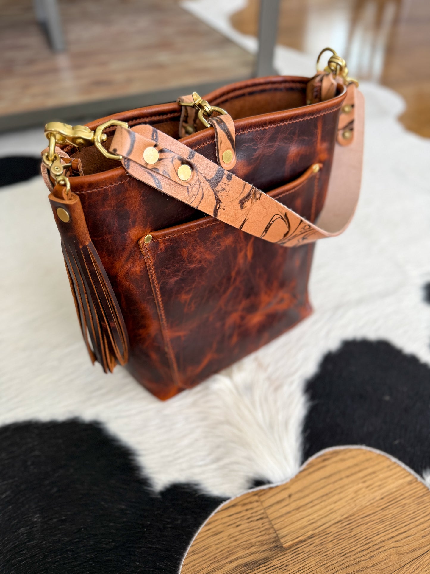 Bennett Bucket in Coffee Full Grain Bison Leather w/Dyed Strap