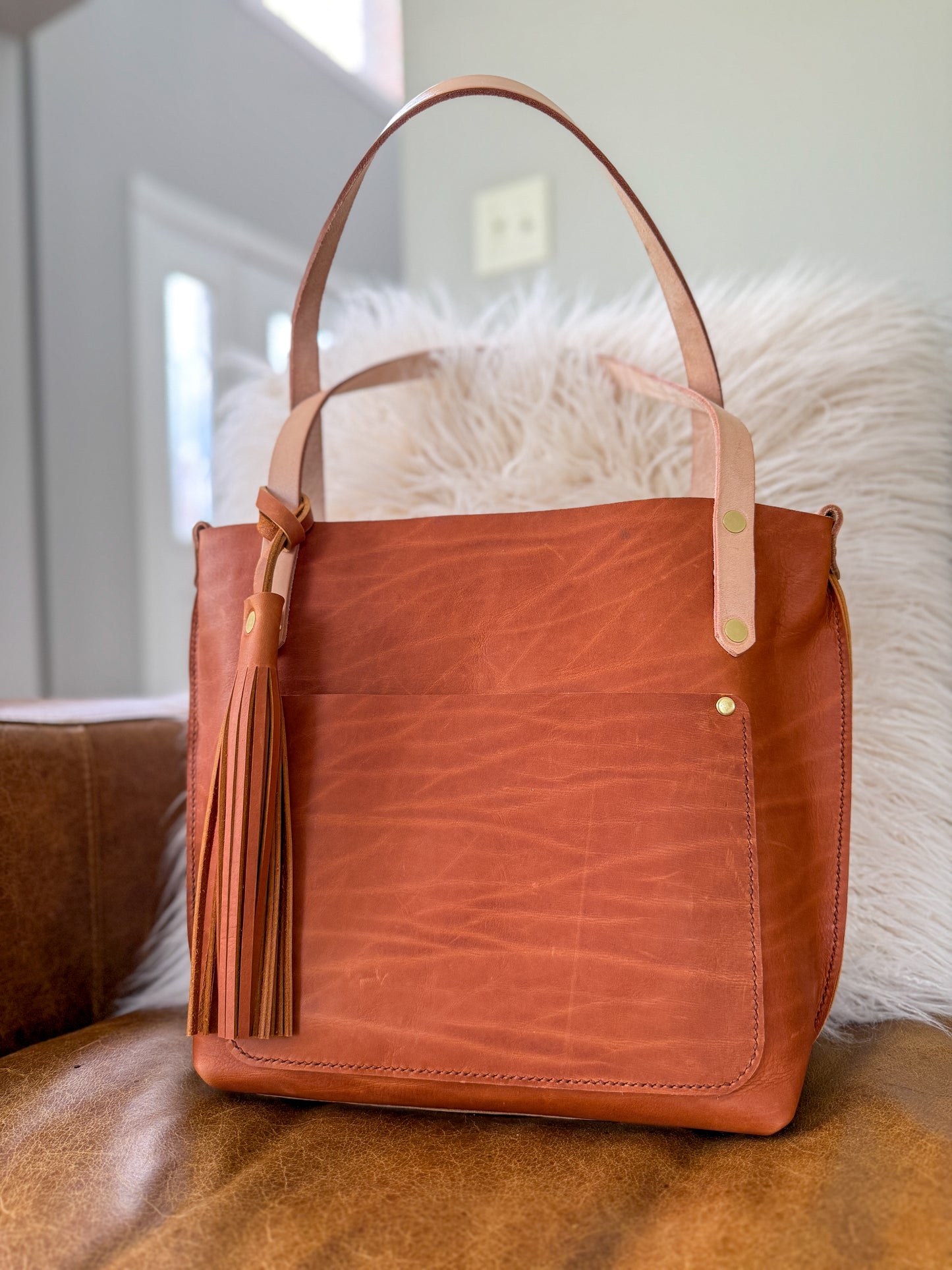 East West Tote in Tawny Full Grain Leather with foot/base