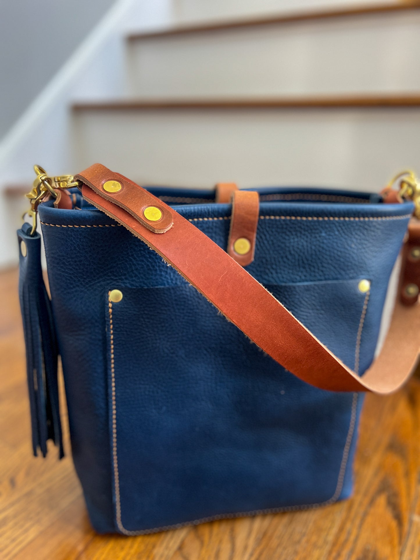 Bennett Bucket in Italian Denim Blue Vachetta Leather