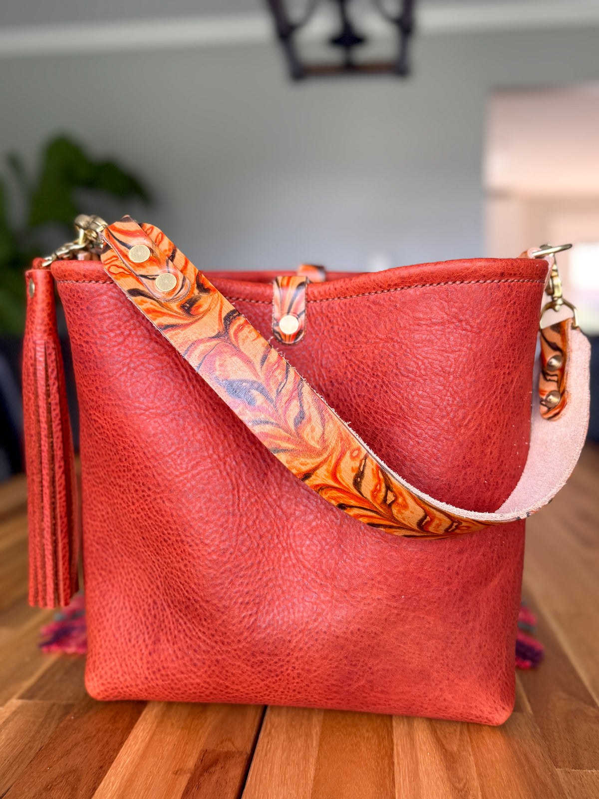 Hobo Bucket in Brick Full Grain Bison w/Candy Strap