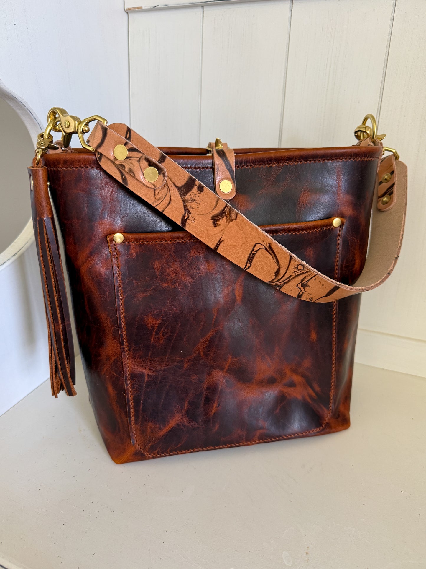 Bennett Bucket in Coffee Full Grain Bison Leather w/Dyed Strap