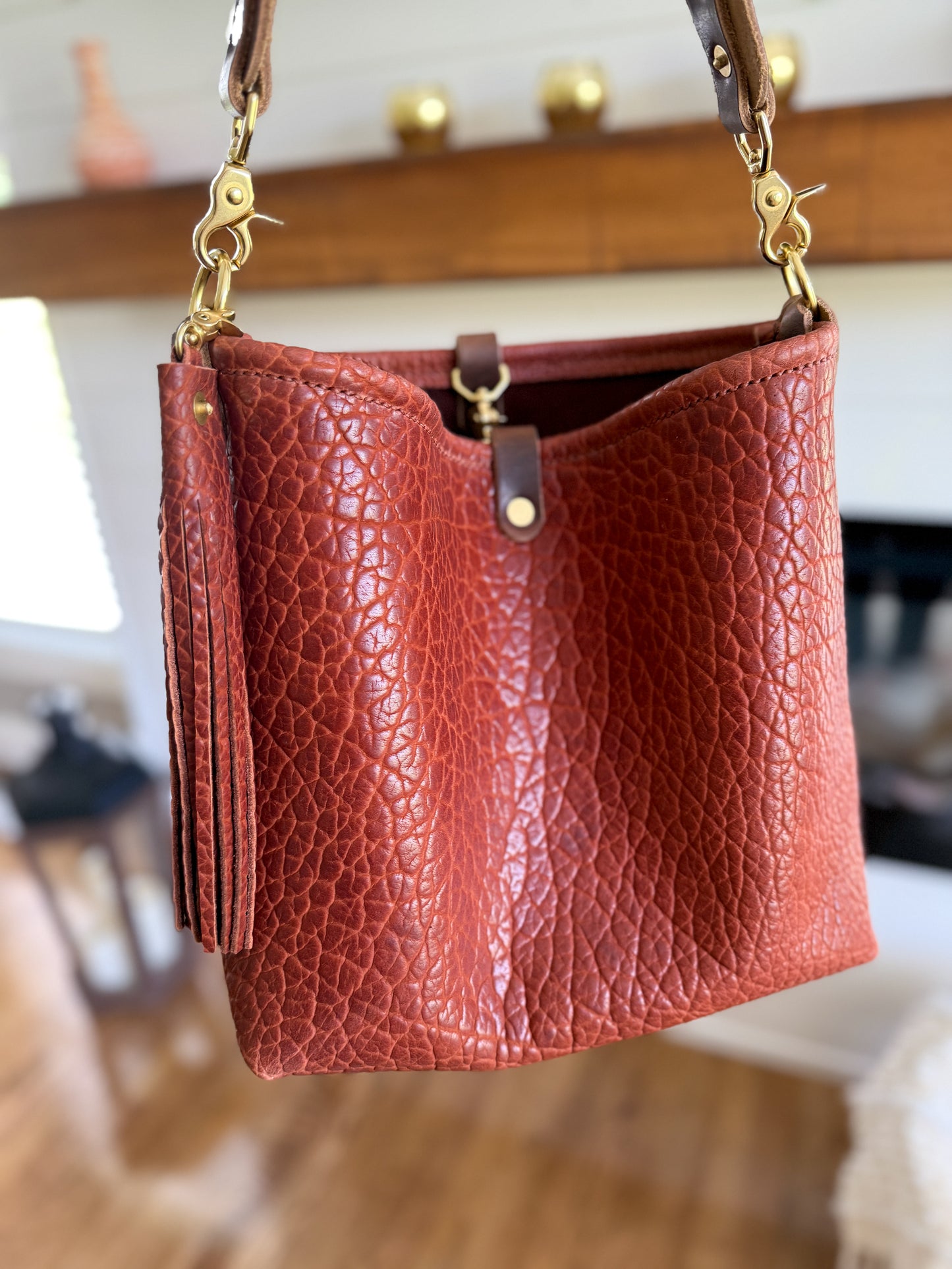 Hobo Bucket in Chestnut Full Grain Bison Leather