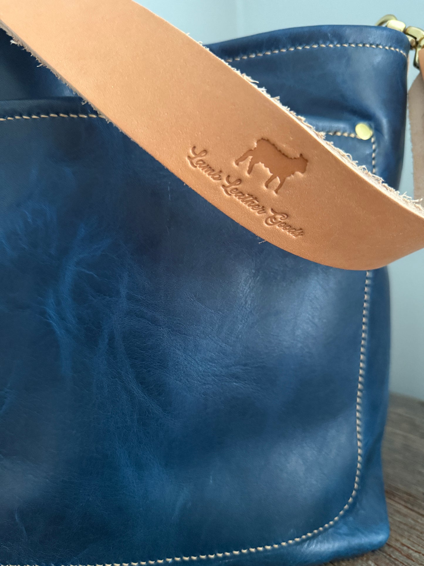 Bennett Bucket in Horween Cobalt Derby Veg Tan Leather