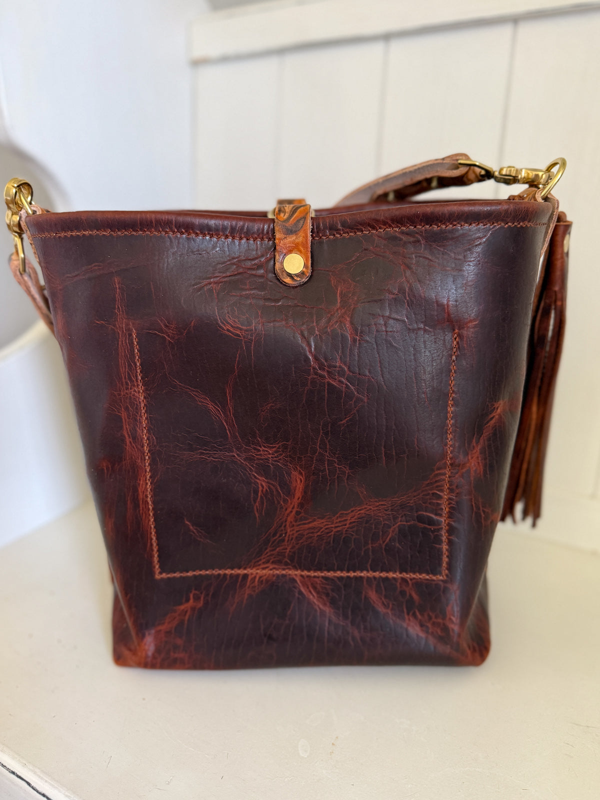 Bennett Bucket in Coffee Full Grain Bison Leather w/Dyed Strap