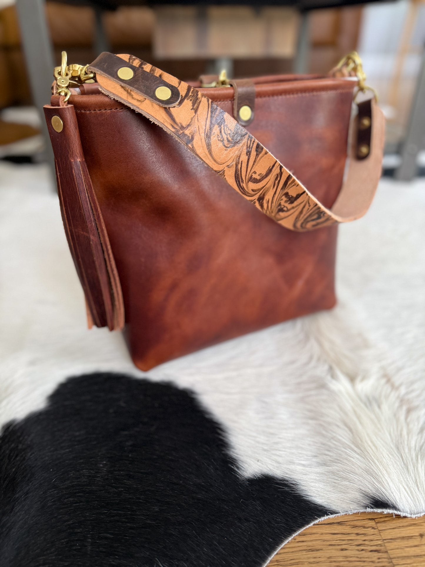 Hobo Bucket in Horween Brown Nut Dublin w/Candy Strap
