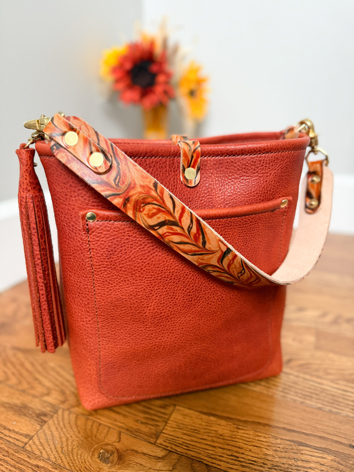 Bennett Bucket in Brick Bison Full Grain Leather w/Candy Strap