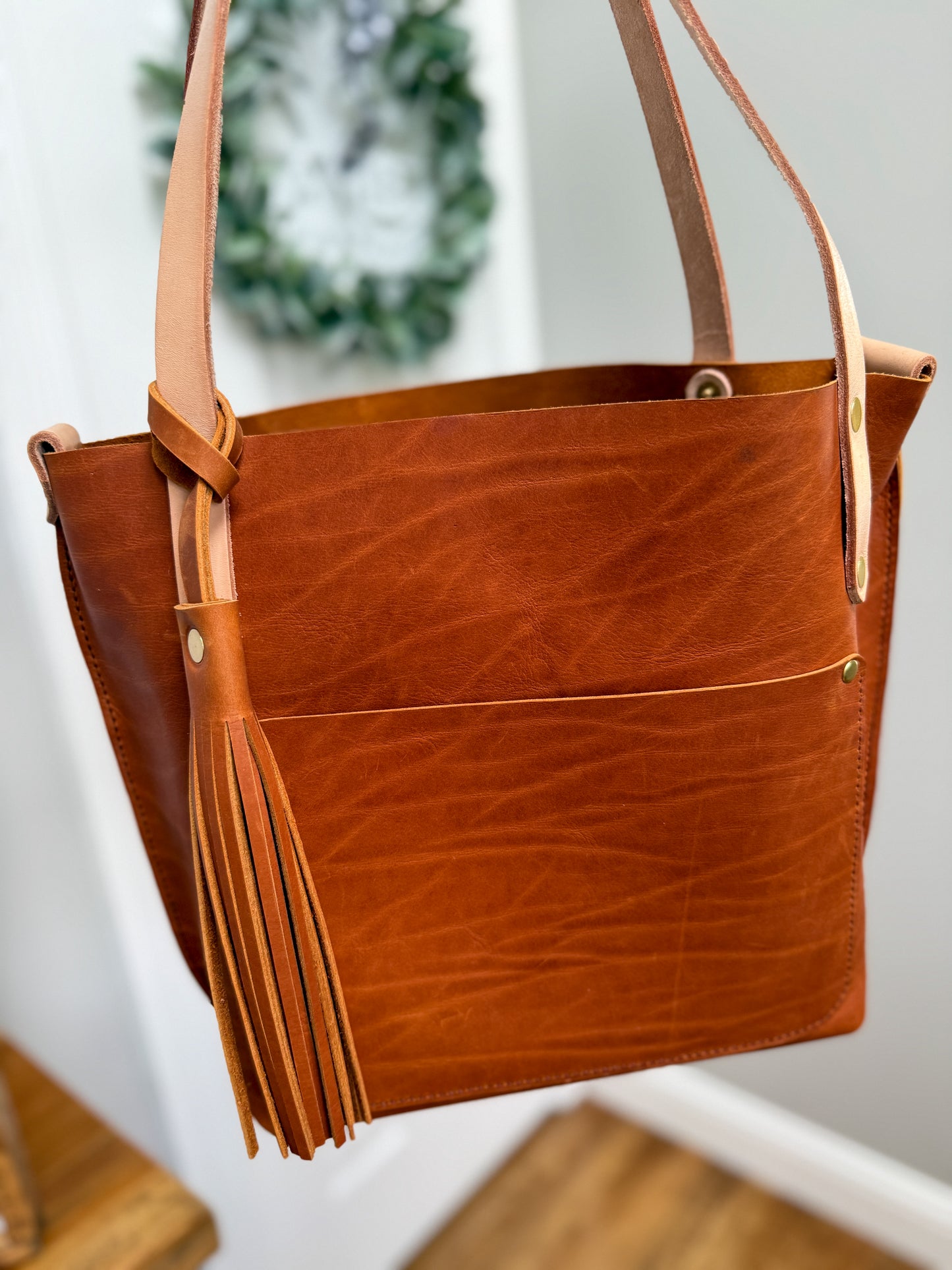 East West Tote in Tawny Full Grain Leather with foot/base