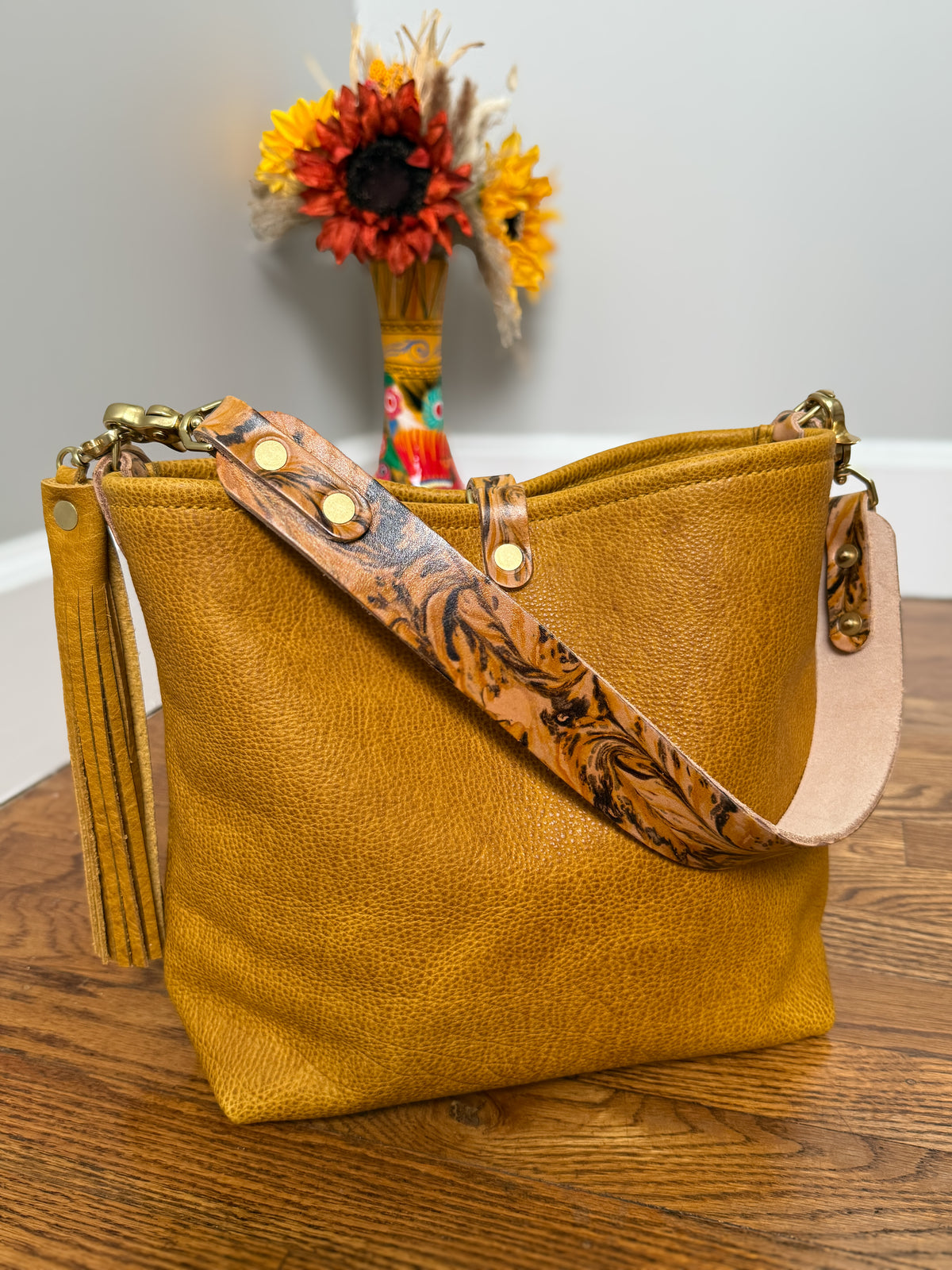 Hobo Bucket in Goldenrod Full Grain Bison w/Candy Strap