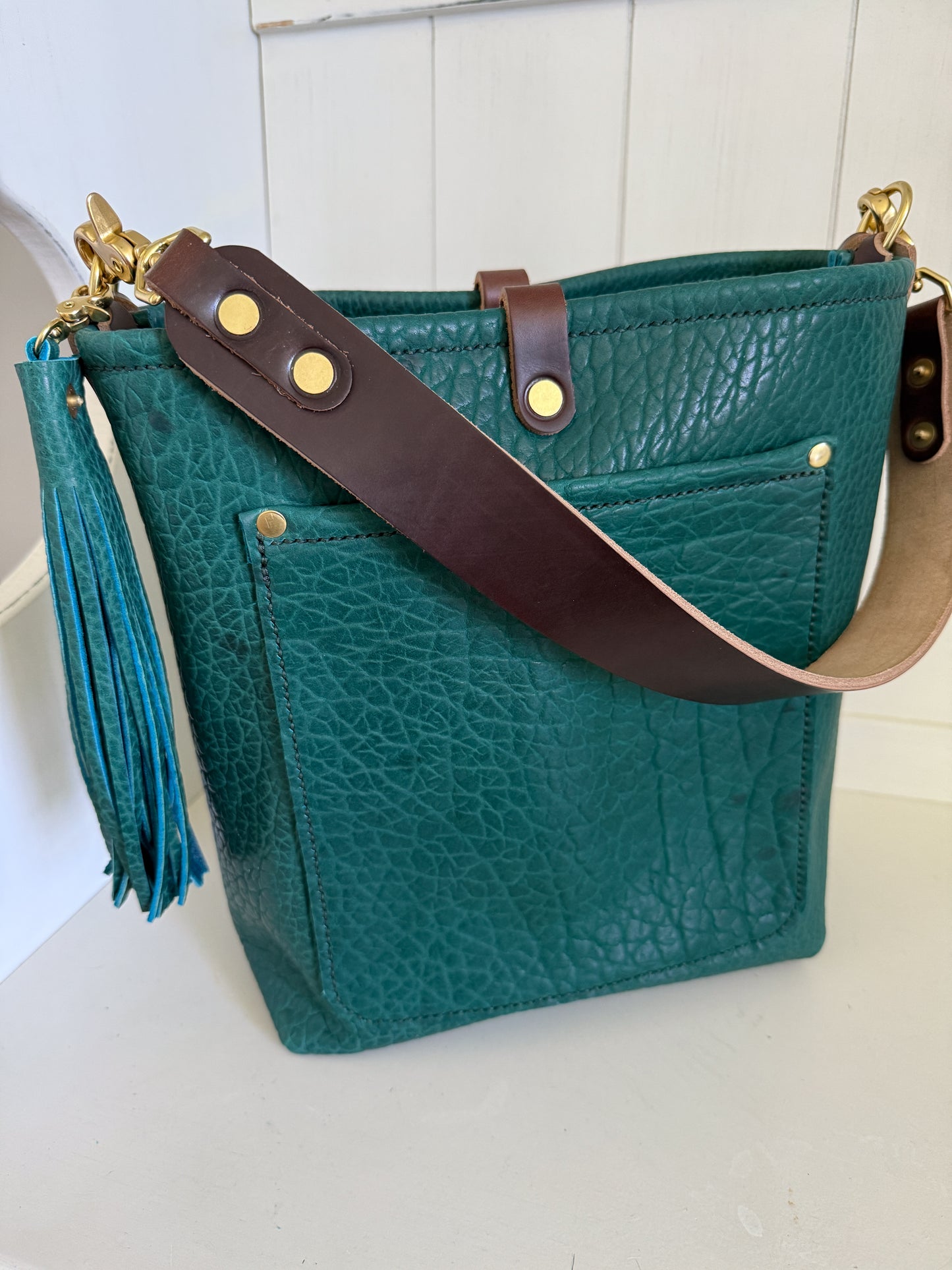 Bennett Bucket in Peacock Full Grain Bison Leather