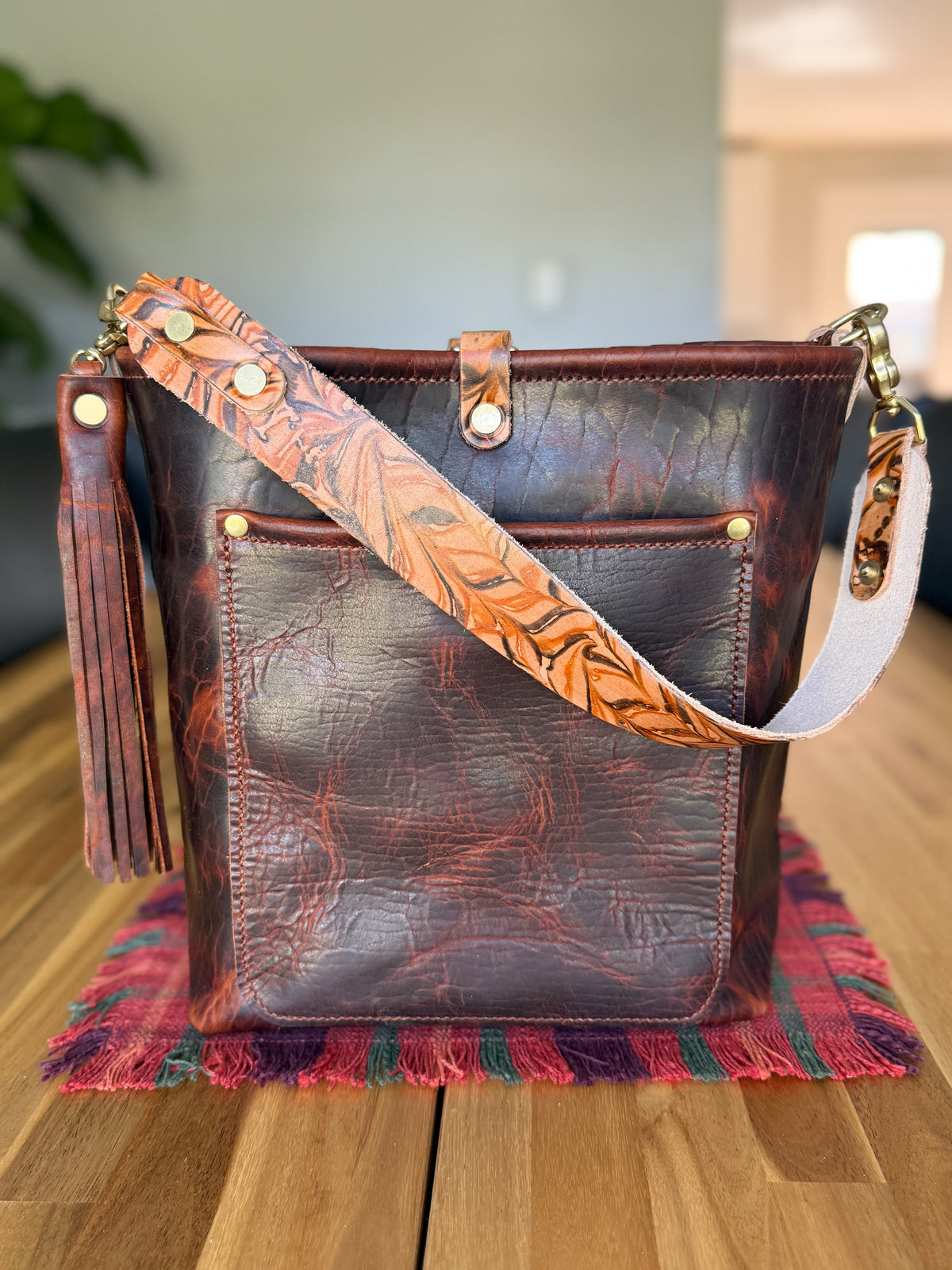 Bennett Bucket in Coffee Full Grain Bison Leather w/Dyed Strap