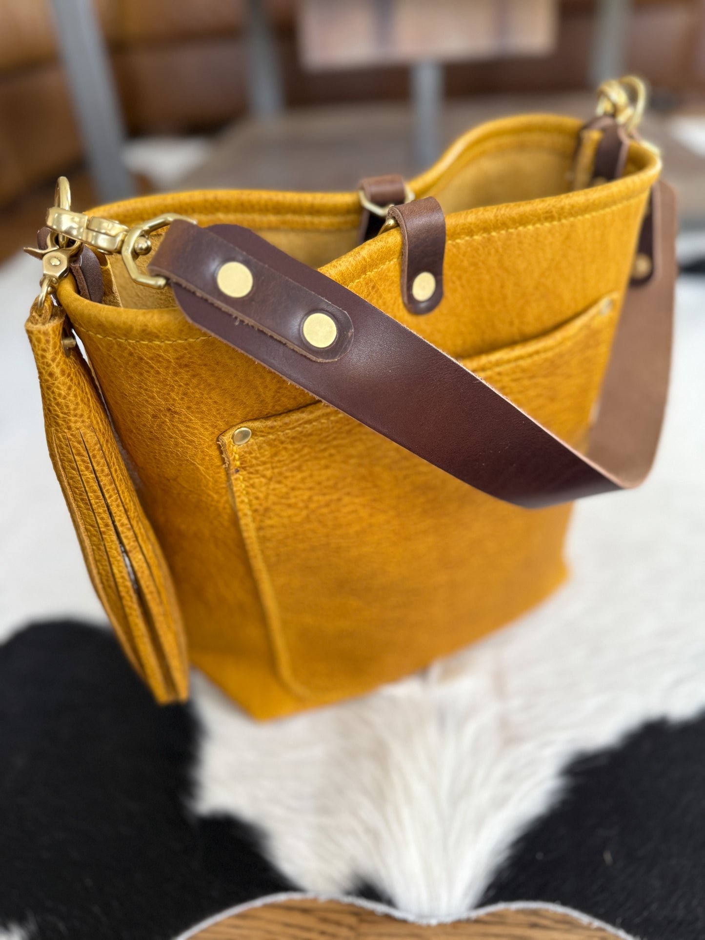 Bennett Bucket in Goldenrod Full Grain Bison