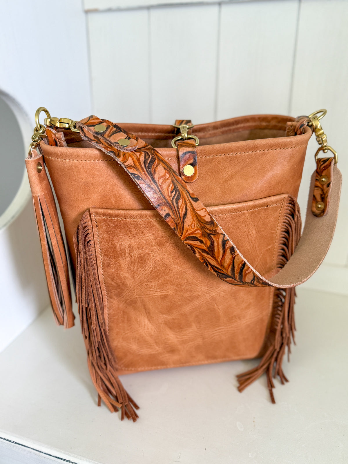 Western Bennett Bucket in Horween Natural Derby w/fringe and Candy Strap