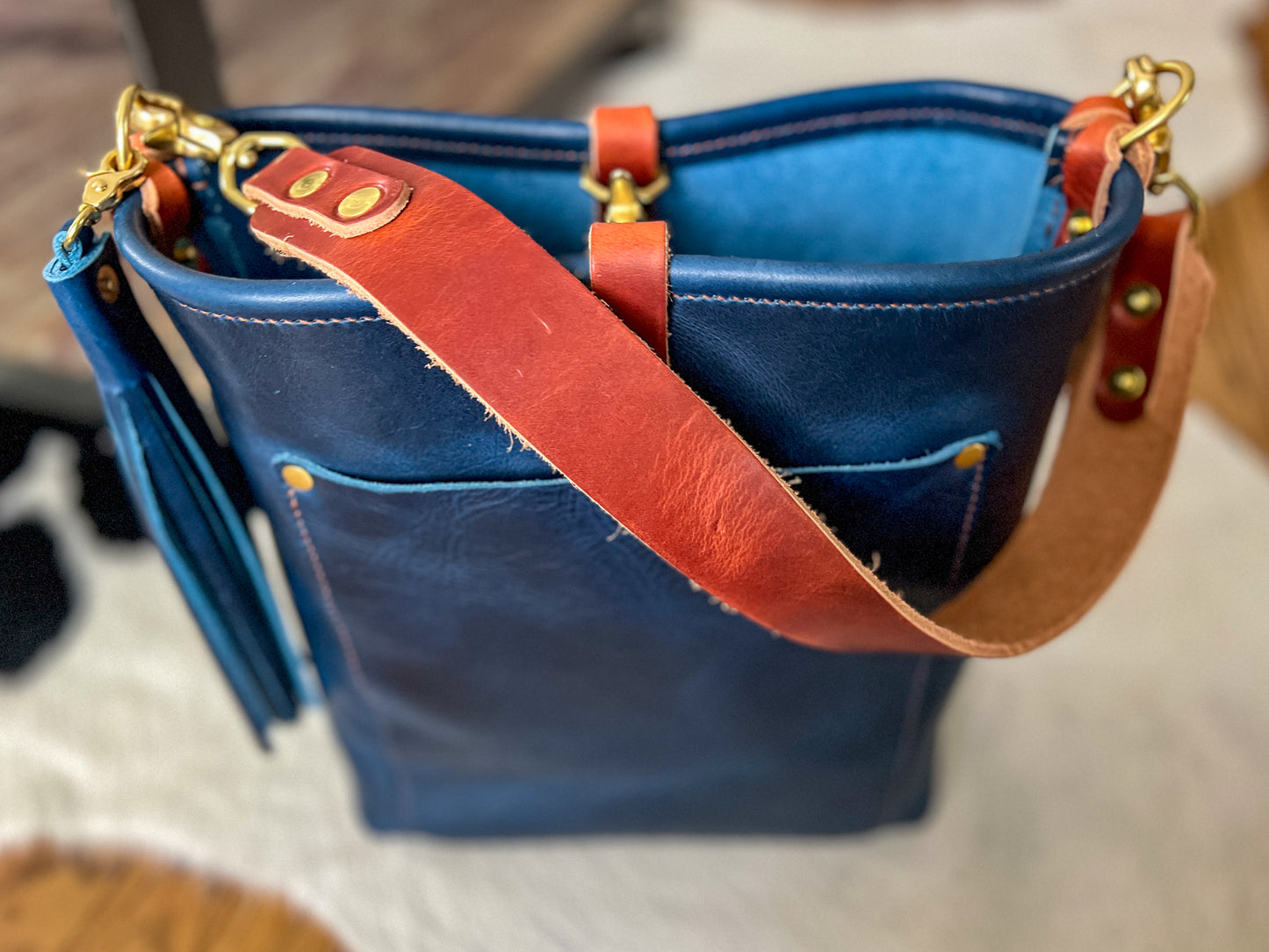 Bennett Bucket in Horween Cobalt Derby Veg Tan Leather