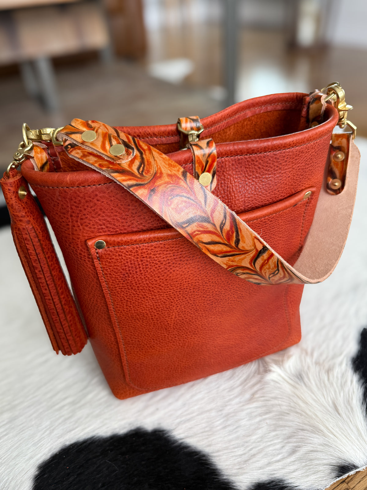 Bennett Bucket in Brick Bison Full Grain Leather w/Candy Strap