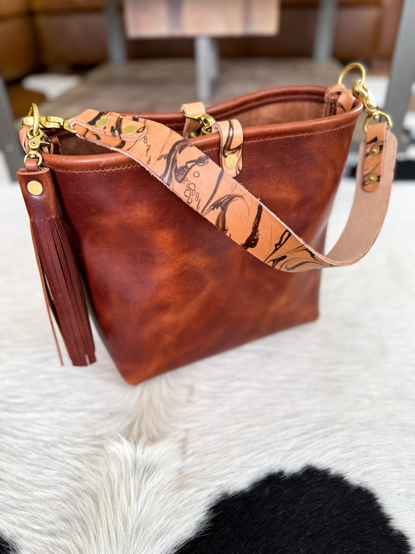Hobo Bucket in Horween Brown Nut Dublin w/Candy Strap