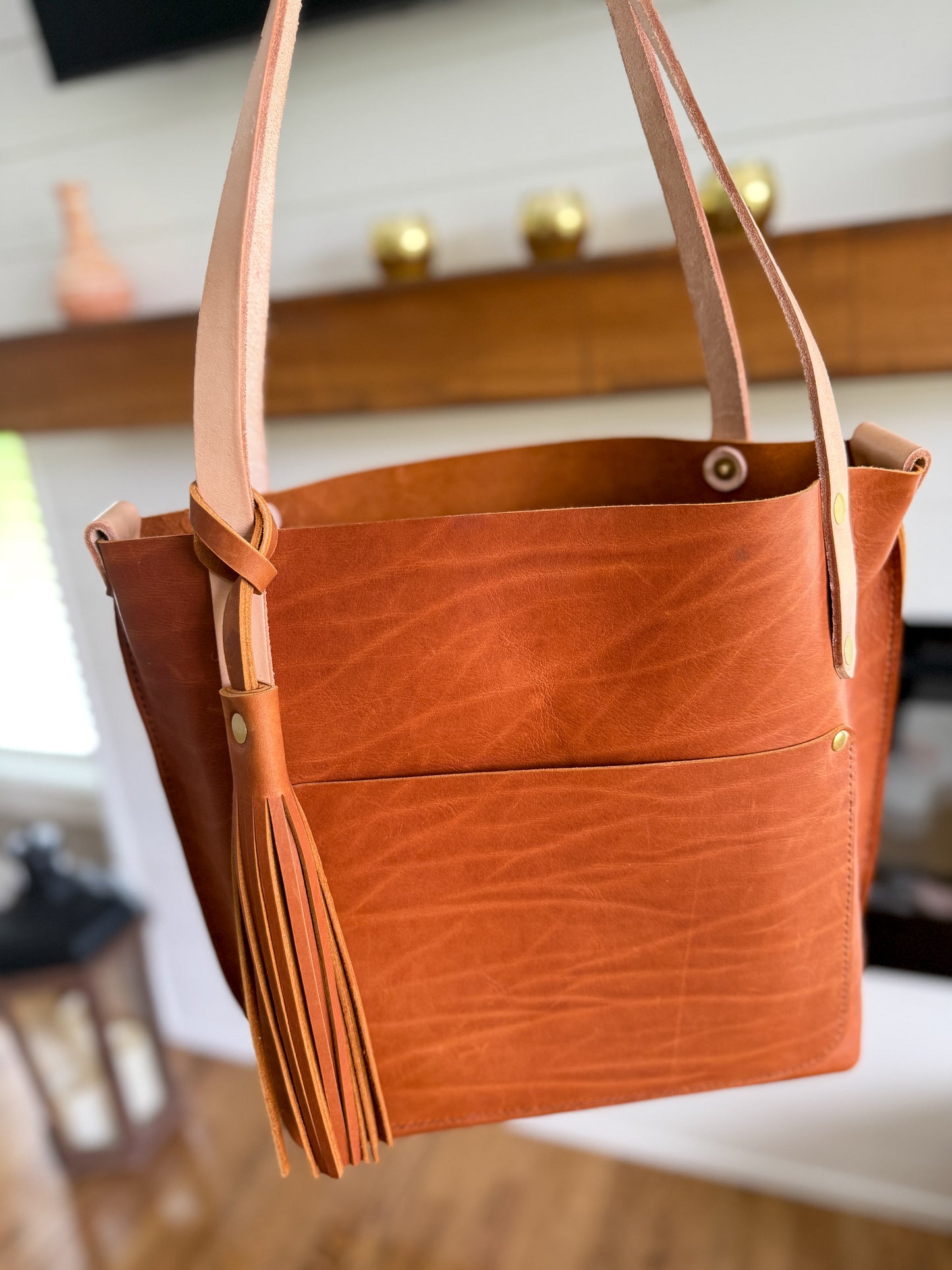 East West Tote in Tawny Full Grain Leather with foot/base
