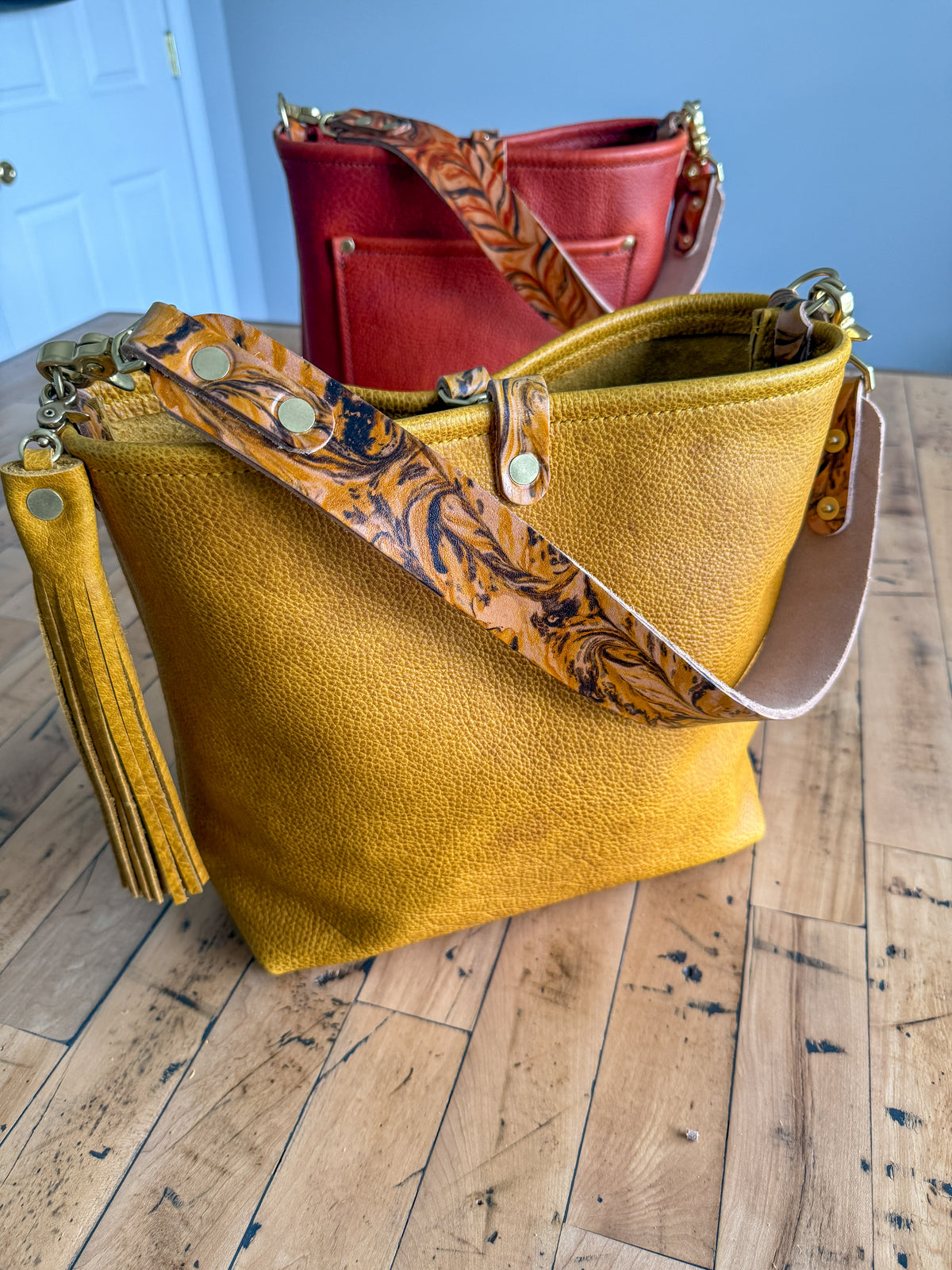 Hobo Bucket in Goldenrod Full Grain Bison w/Candy Strap