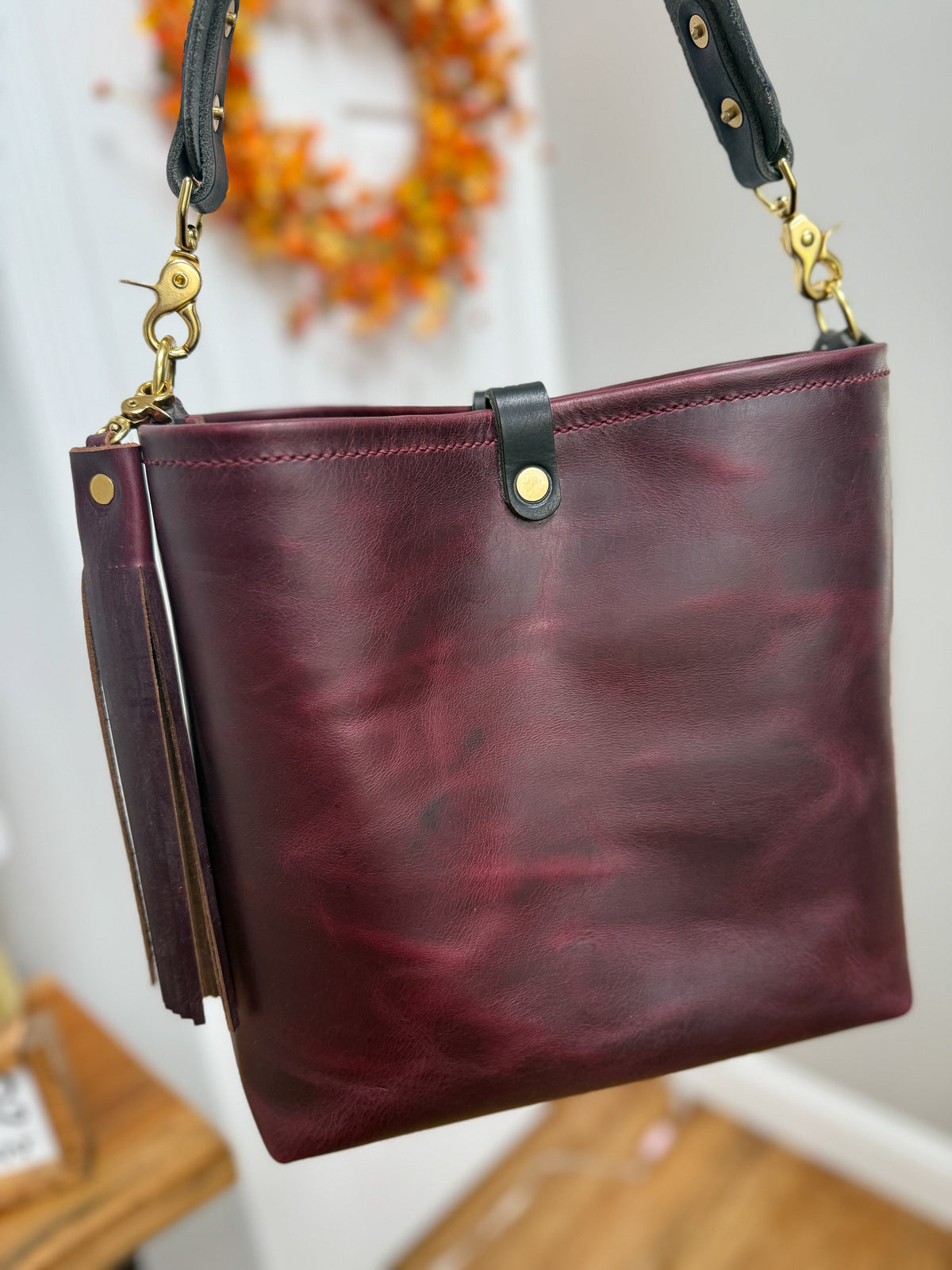 Hobo Bucket in Plum Noir Horween Horse Leather