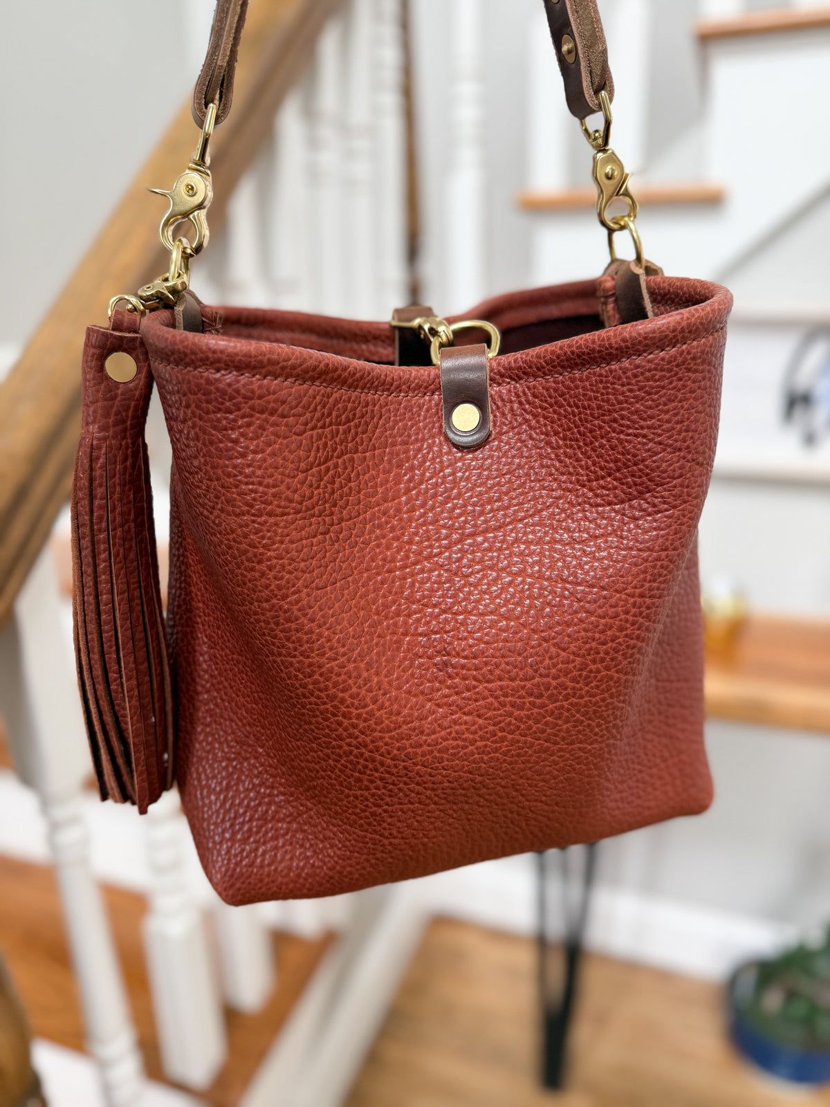 Hobo Bucket in Chestnut Full Grain Bison Leather