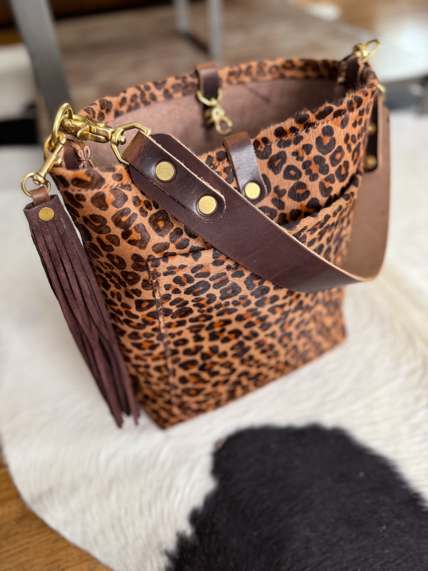 Bennett Bucket in Hair on Hide Cowhide