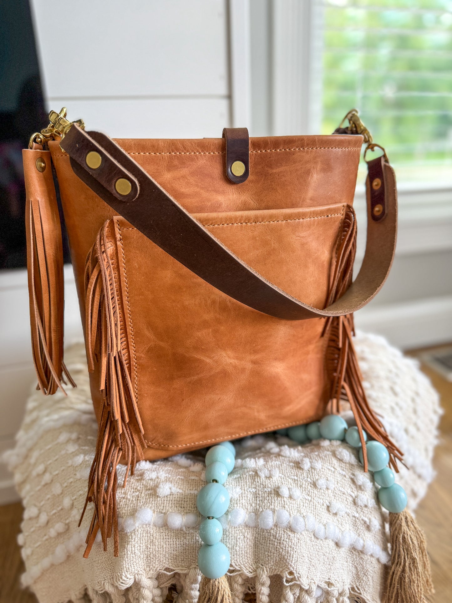 Western Bennett Bucket in Horween Natural Derby w/fringe