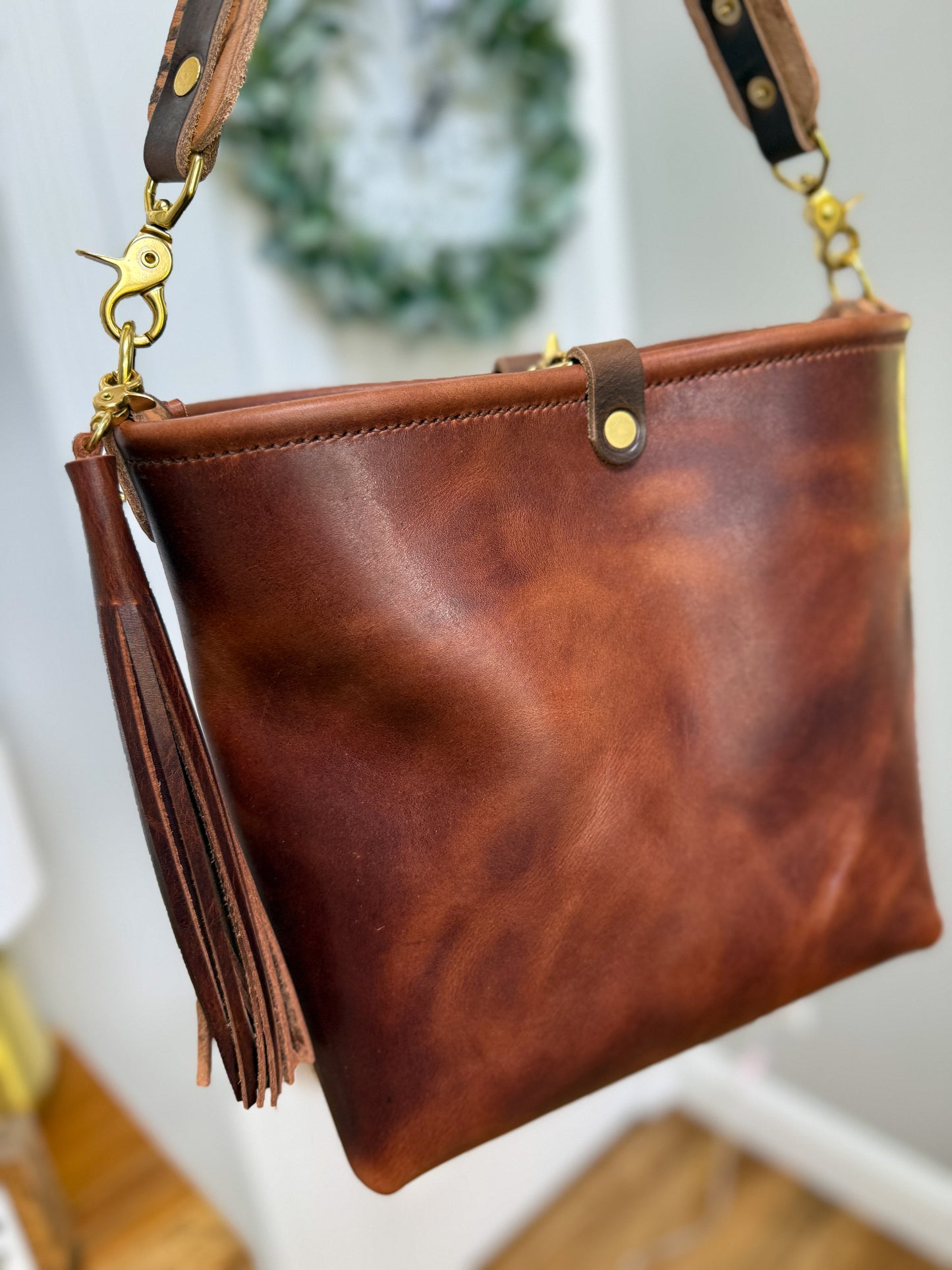 Hobo Bucket in Horween Brown Nut Dublin w/Candy Strap