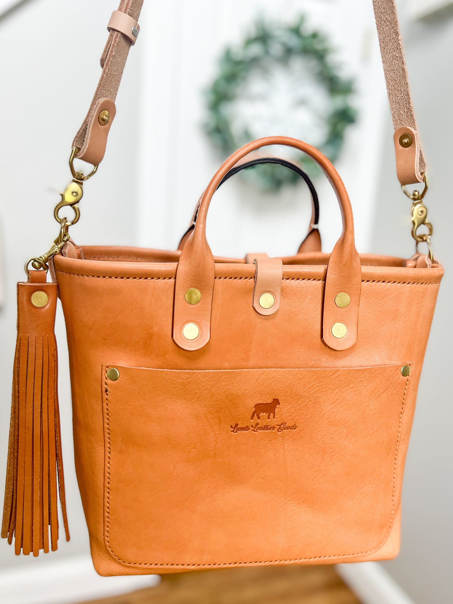 Brookie Medium Crossbody Tote in Natural Italian Full Grain Vegetable Tanned Leather