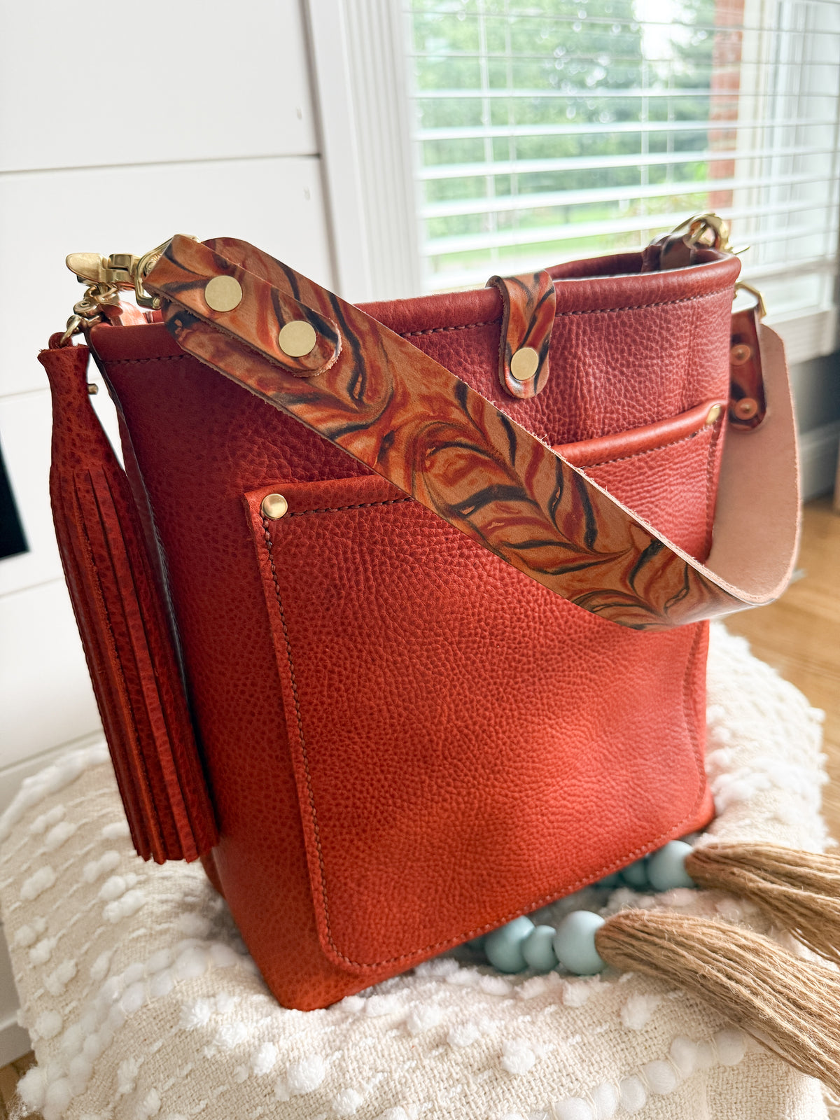 Bennett Bucket in Brick Bison Full Grain Leather w/Candy Strap