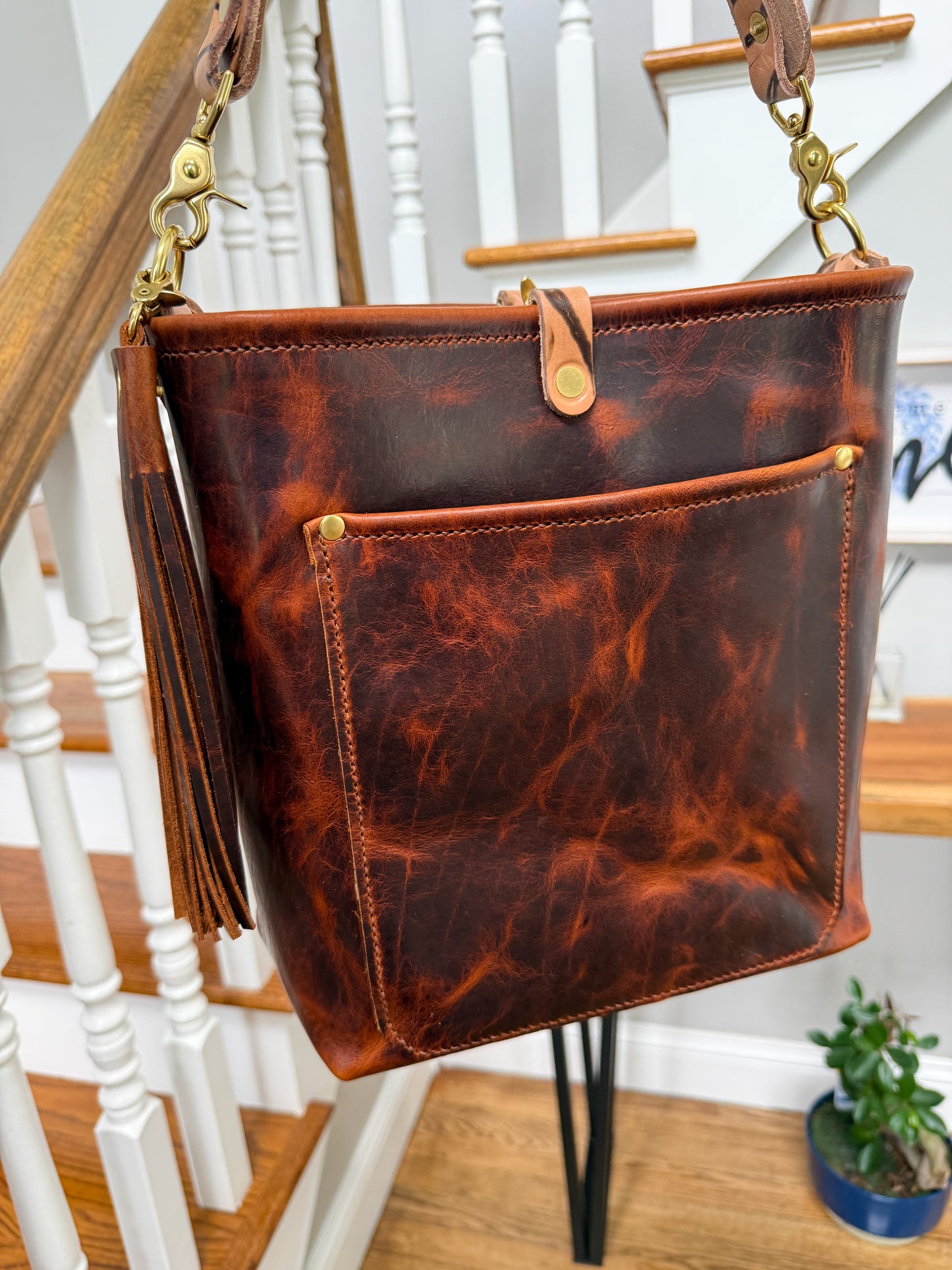 Bennett Bucket in Coffee Full Grain Bison Leather w/Dyed Strap