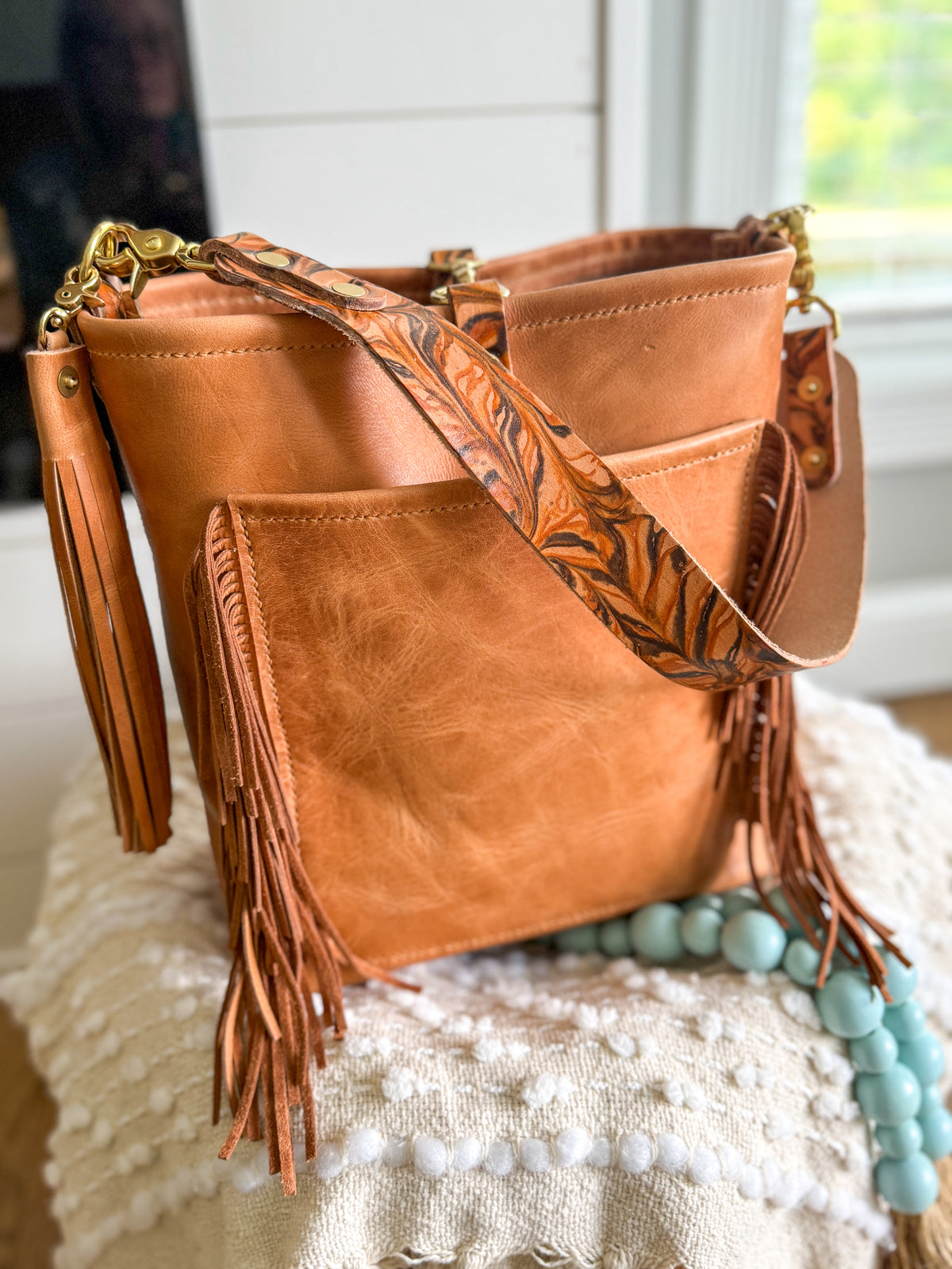 Western Bennett Bucket in Horween Natural Derby w/fringe and Candy Strap