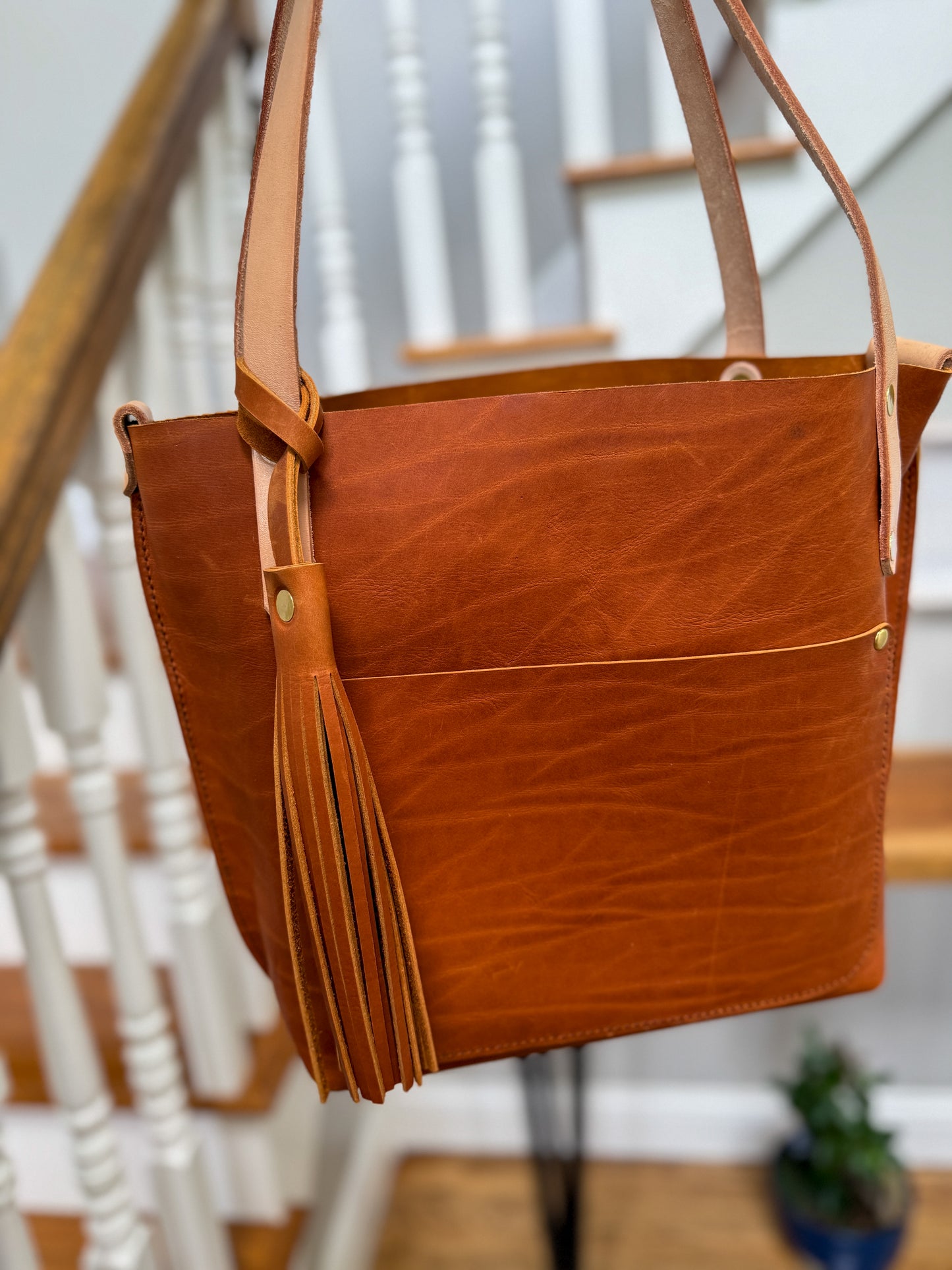 East West Tote in Tawny Full Grain Leather with foot/base