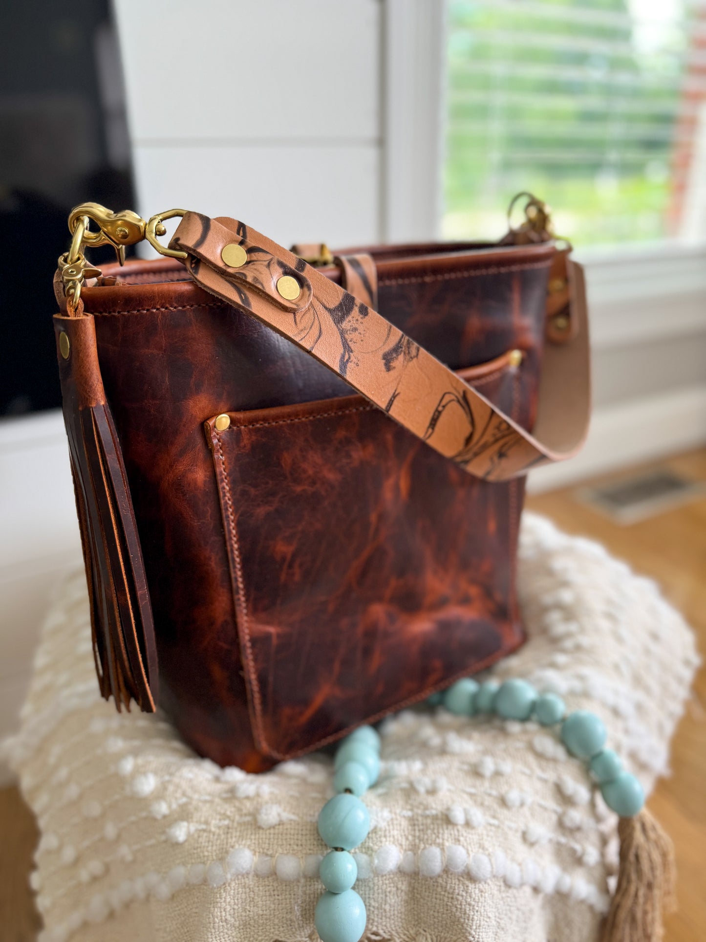 Bennett Bucket in Coffee Full Grain Bison Leather w/Dyed Strap