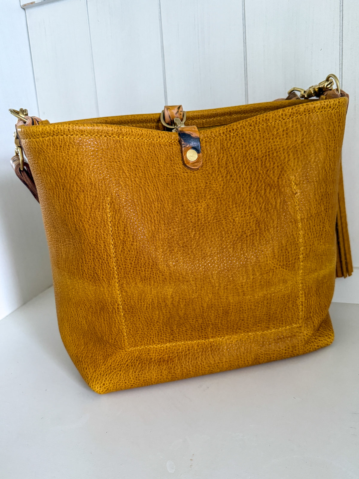 Hobo Bucket in Goldenrod Full Grain Bison w/Candy Strap