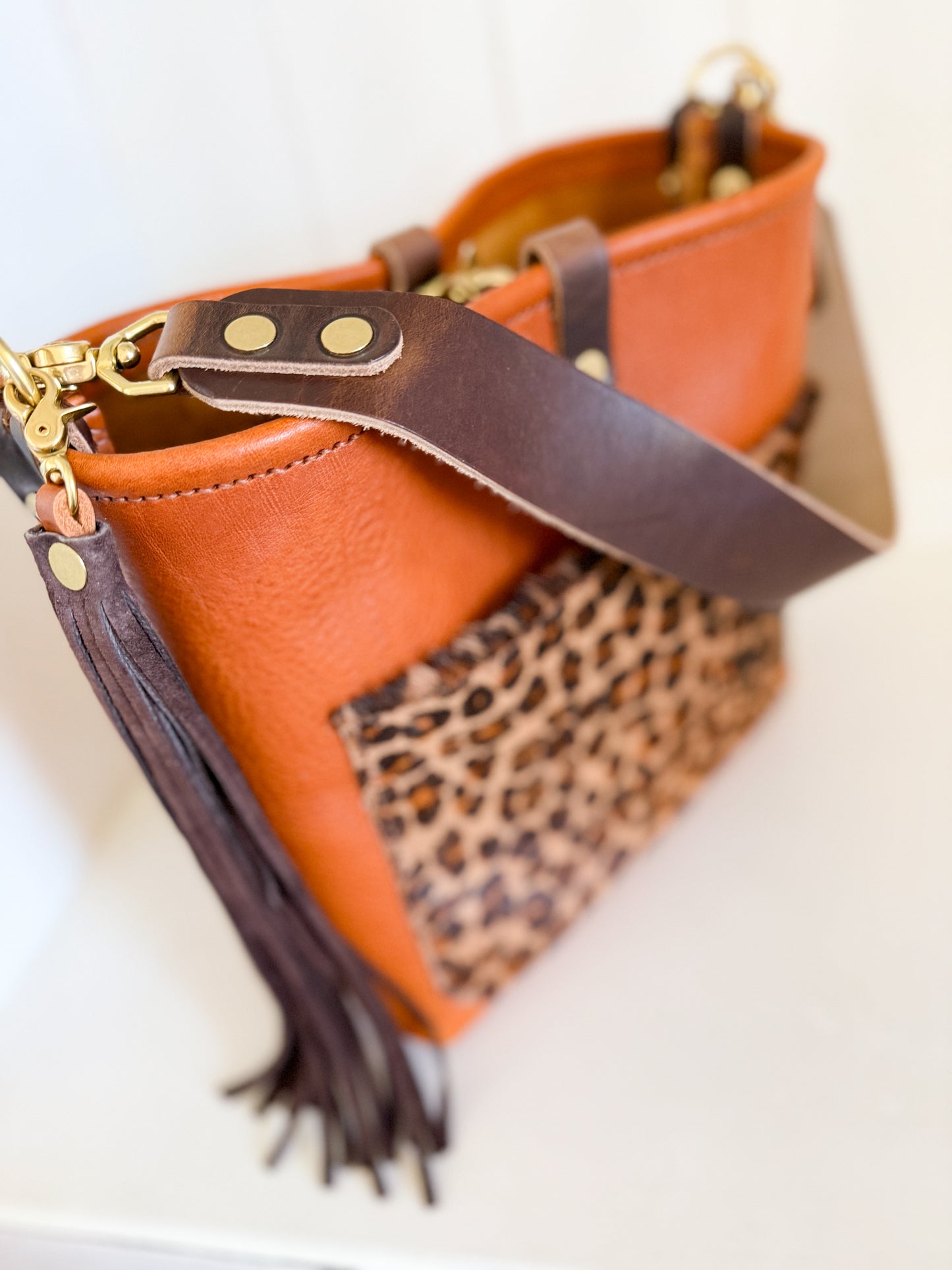 Bennett “shorty” Bucket in Ginger Vachetta w/cowhide pocket