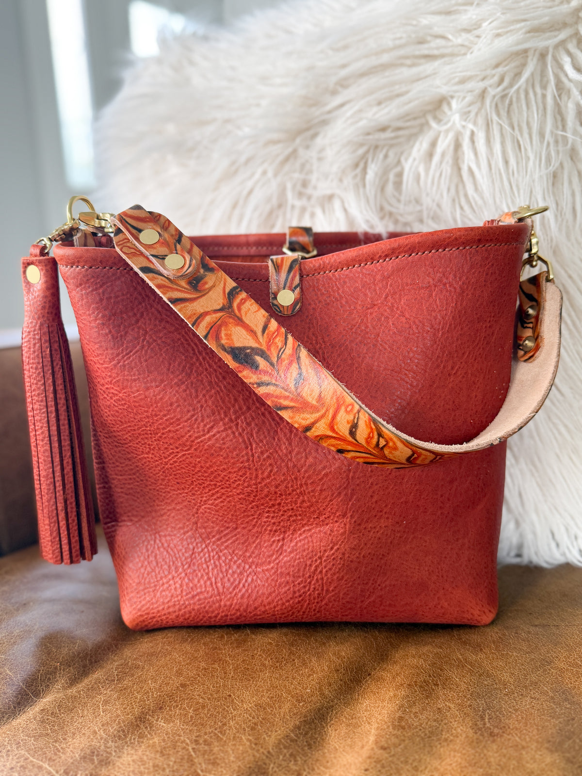 Hobo Bucket in Brick Full Grain Bison w/Candy Strap