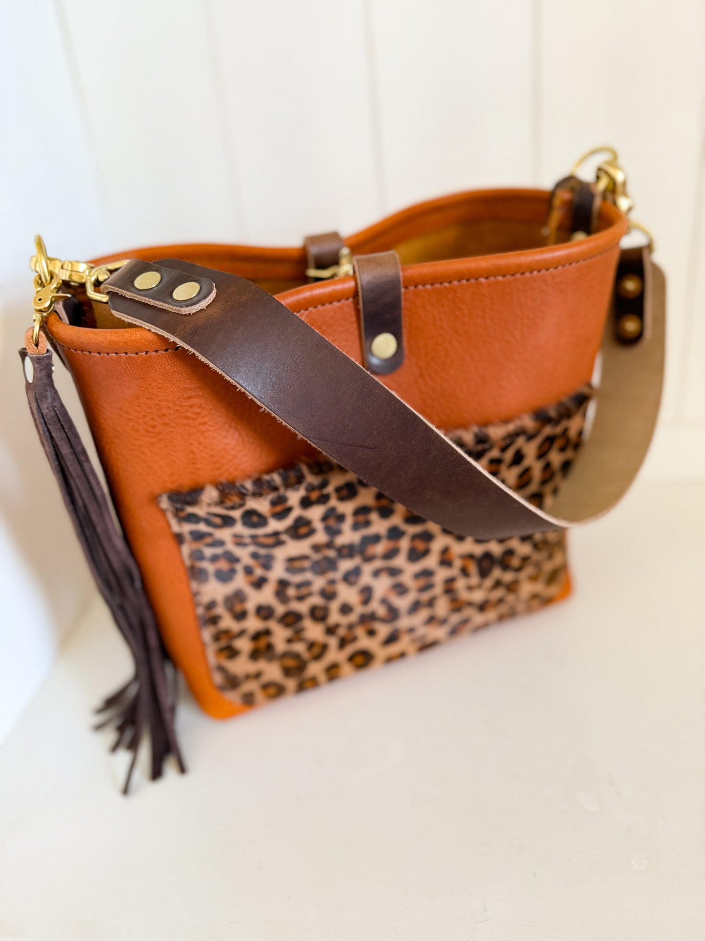 Bennett “shorty” Bucket in Ginger Vachetta w/cowhide pocket