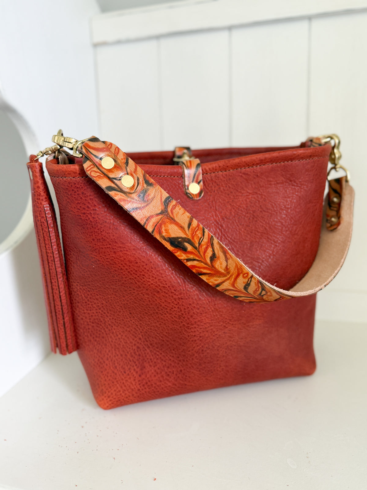 Hobo Bucket in Brick Full Grain Bison w/Candy Strap