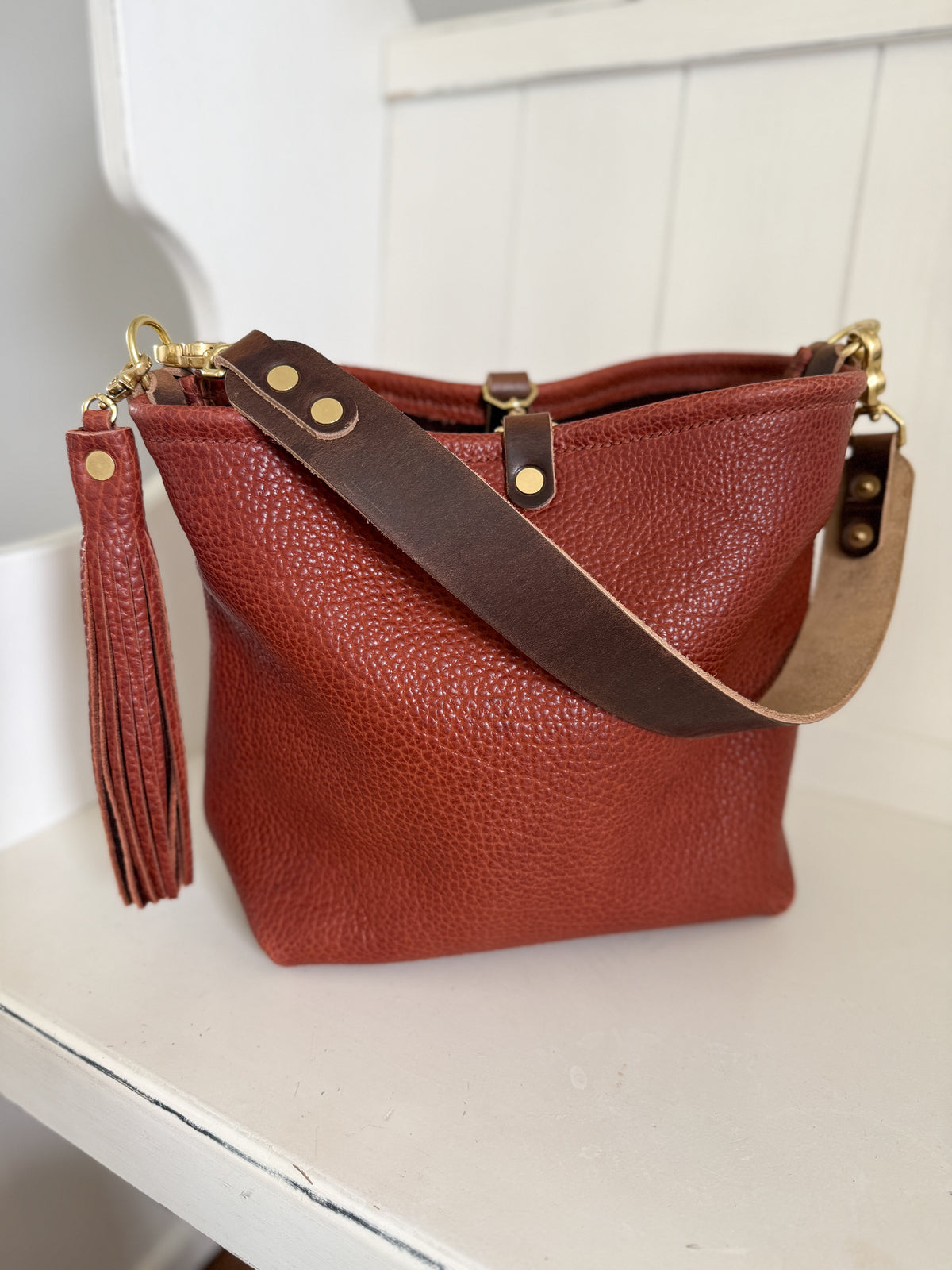 Hobo Bucket in Chestnut Full Grain Bison Leather