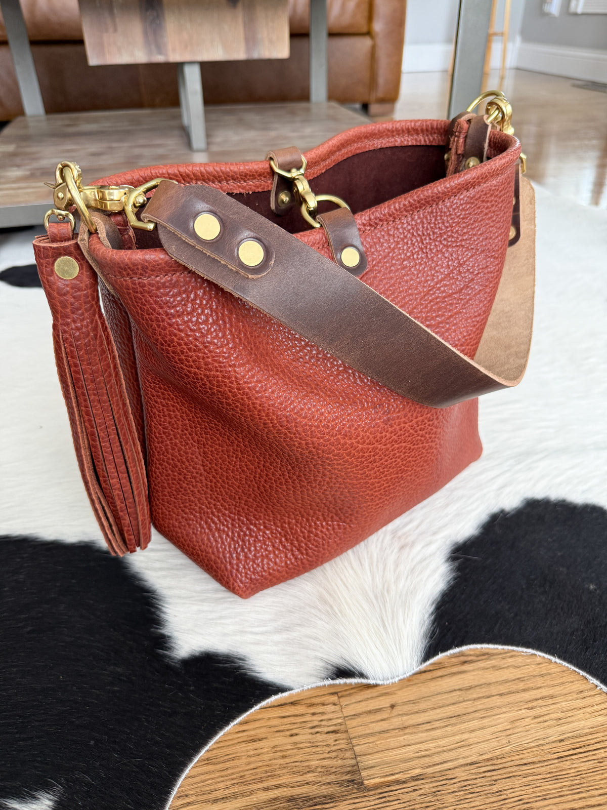 Hobo Bucket in Chestnut Full Grain Bison Leather