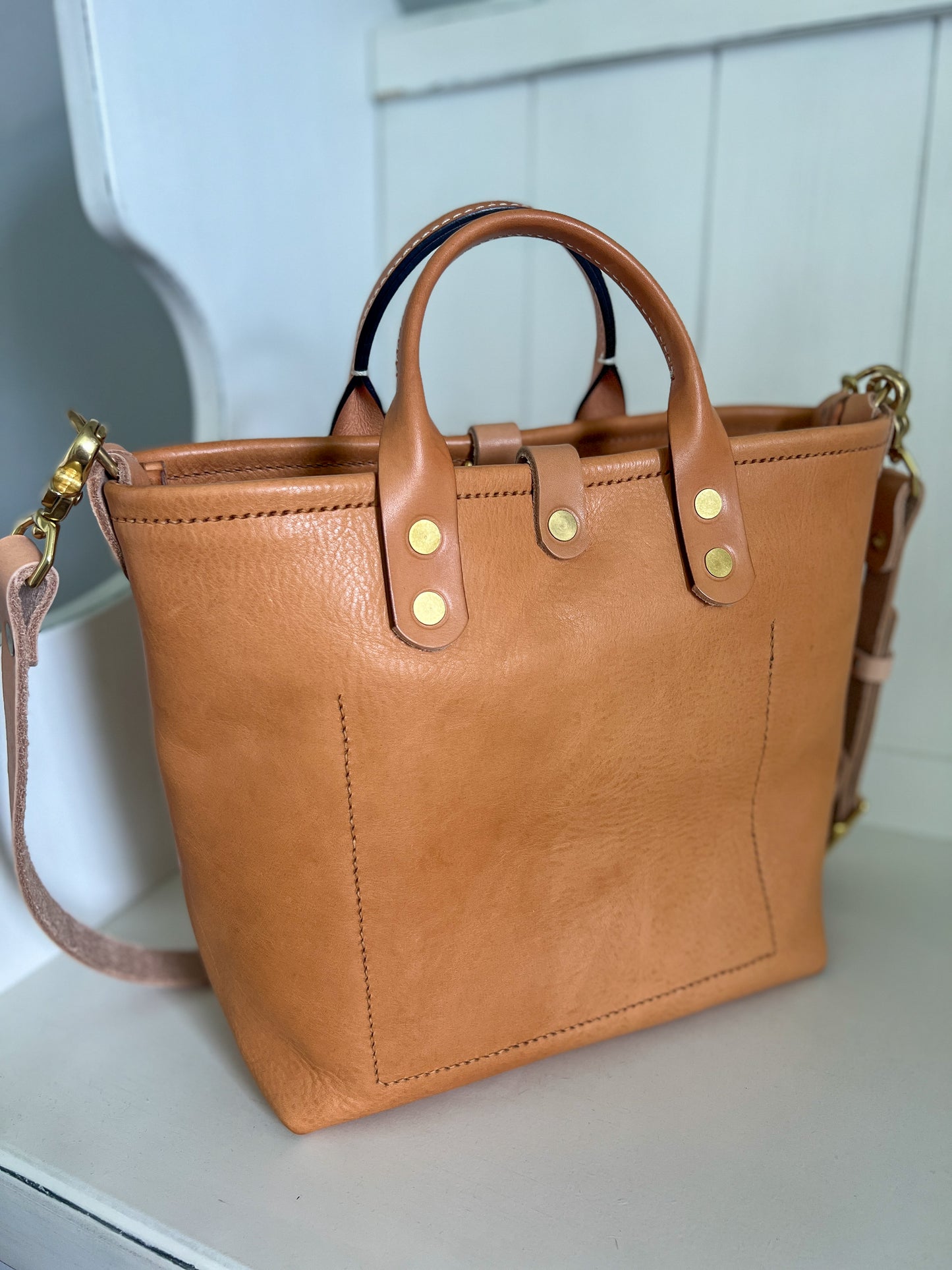 Brookie Medium Crossbody Tote in Natural Italian Full Grain Vegetable Tanned Leather