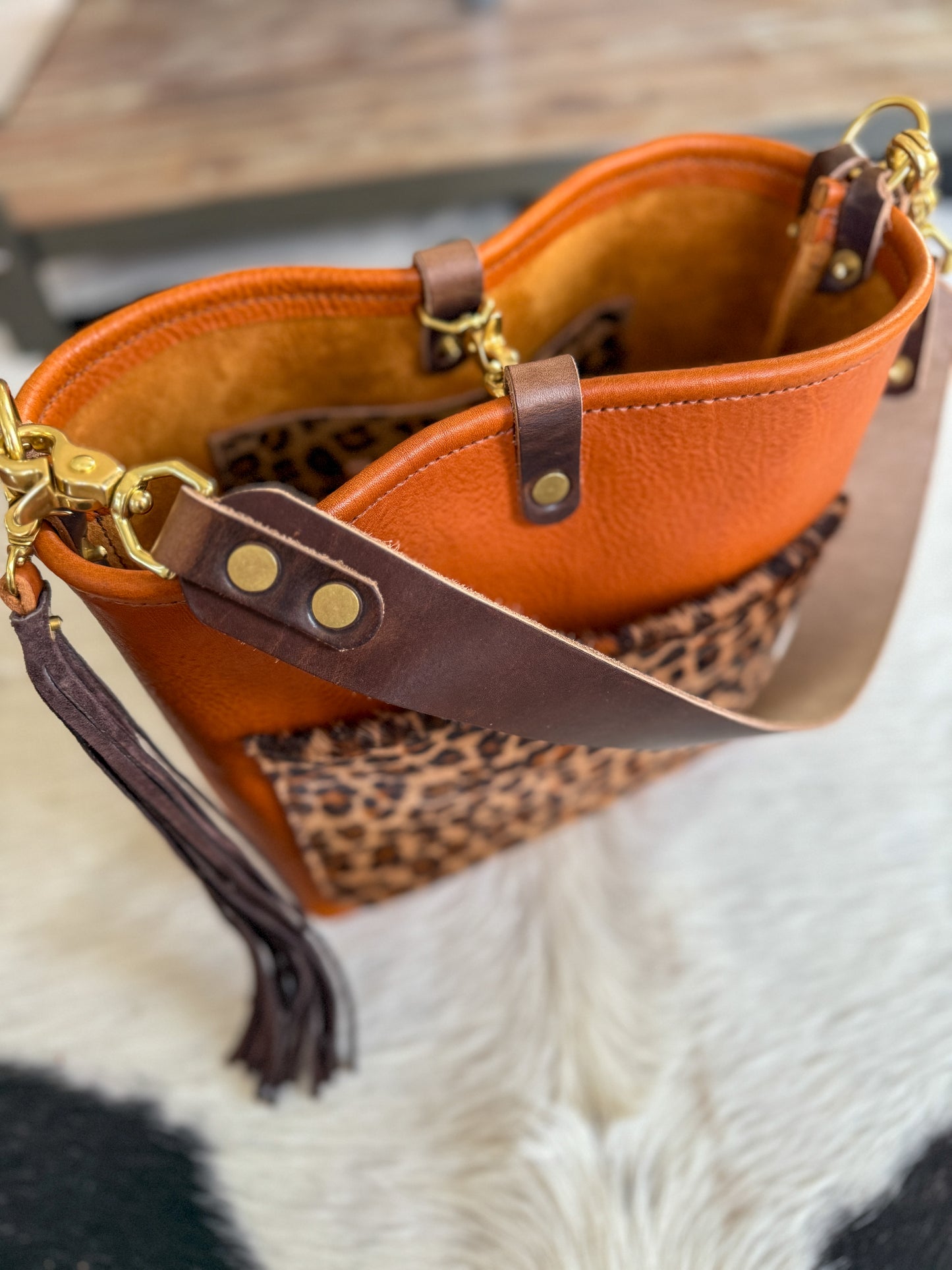 Bennett “shorty” Bucket in Ginger Vachetta w/cowhide pocket