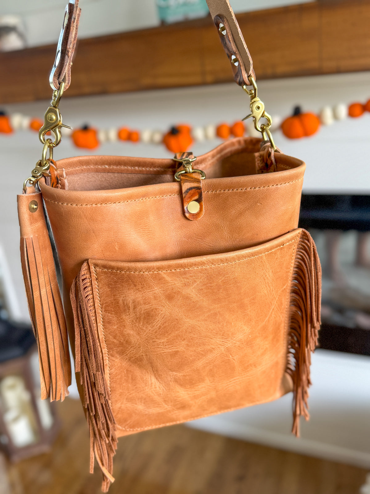 Western Bennett Bucket in Horween Natural Derby w/fringe and Candy Strap