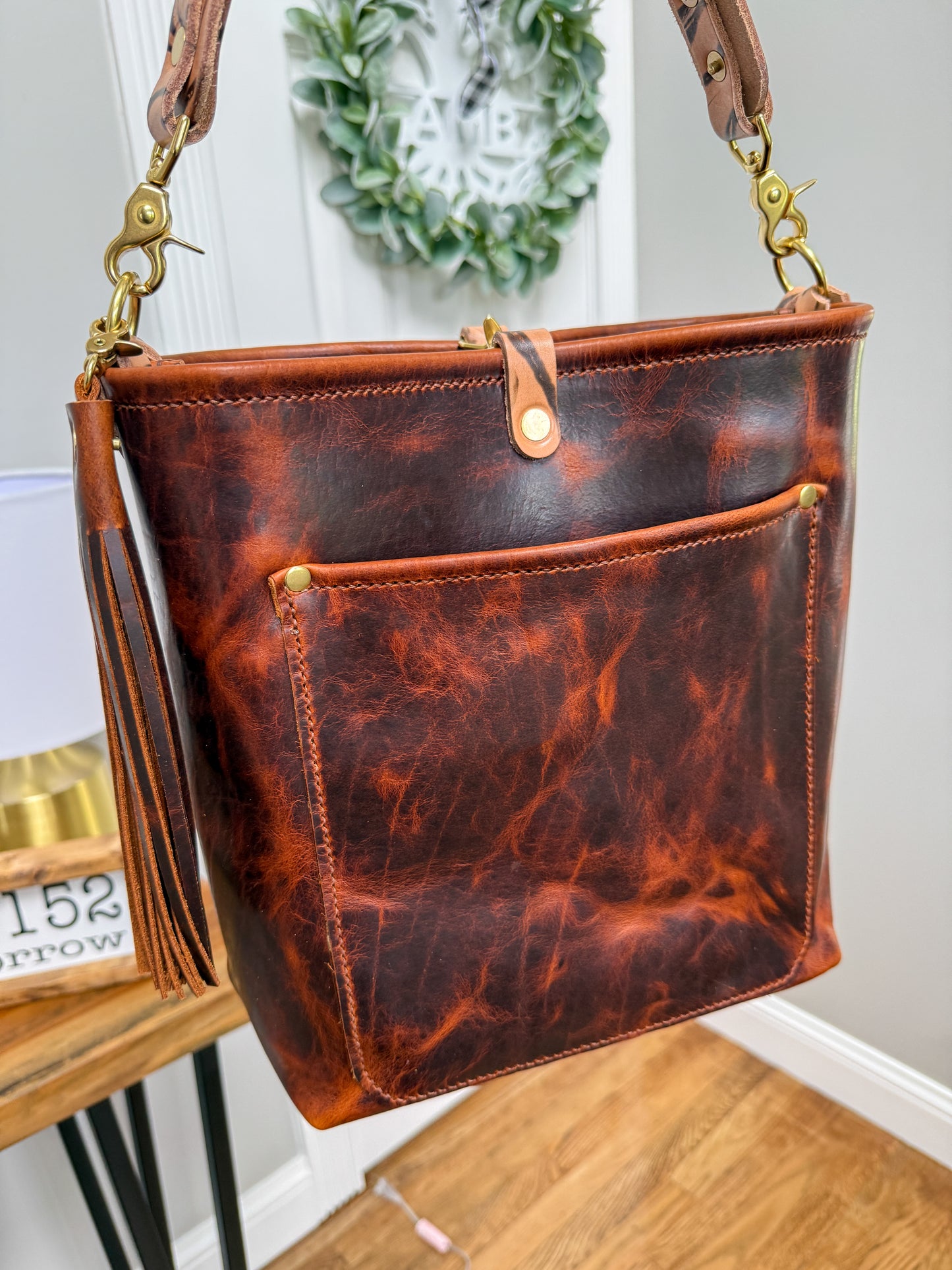 Bennett Bucket in Coffee Full Grain Bison Leather w/Dyed Strap